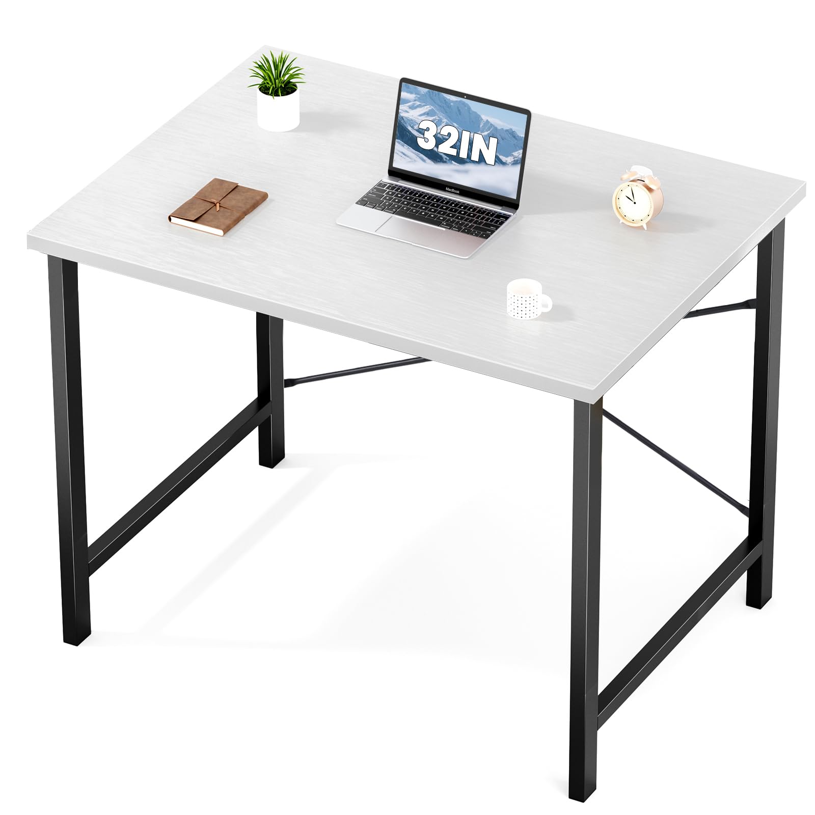 Sweetcrispy Computer Kleiner Schreibtisch, 32 Zoll Büro Schreib Arbeits Lern Kinder Studenten Zuhause Schlafzimmer Tisch mit Metallrahmen Holztischplatte Ohne Rollen - Weißes Holz