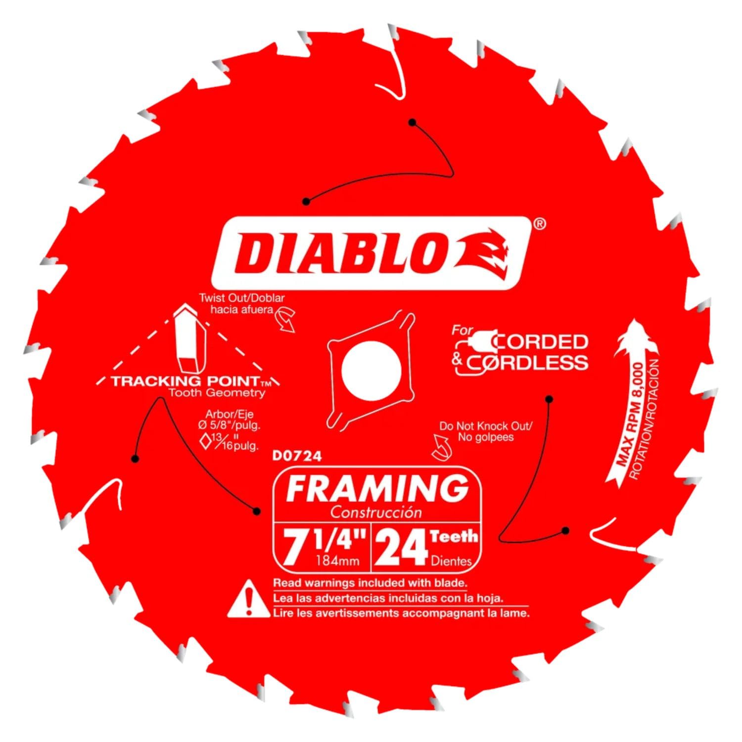 Diablo Framing Saw Blade for Wood - 7-1/4" x 24-Tooth, Thin Kerf, Anti-Vibration, Long Life for Framing & Pressure-Treated Wood, Tracking Point Tooth Design - Pack of 10 - D0724A