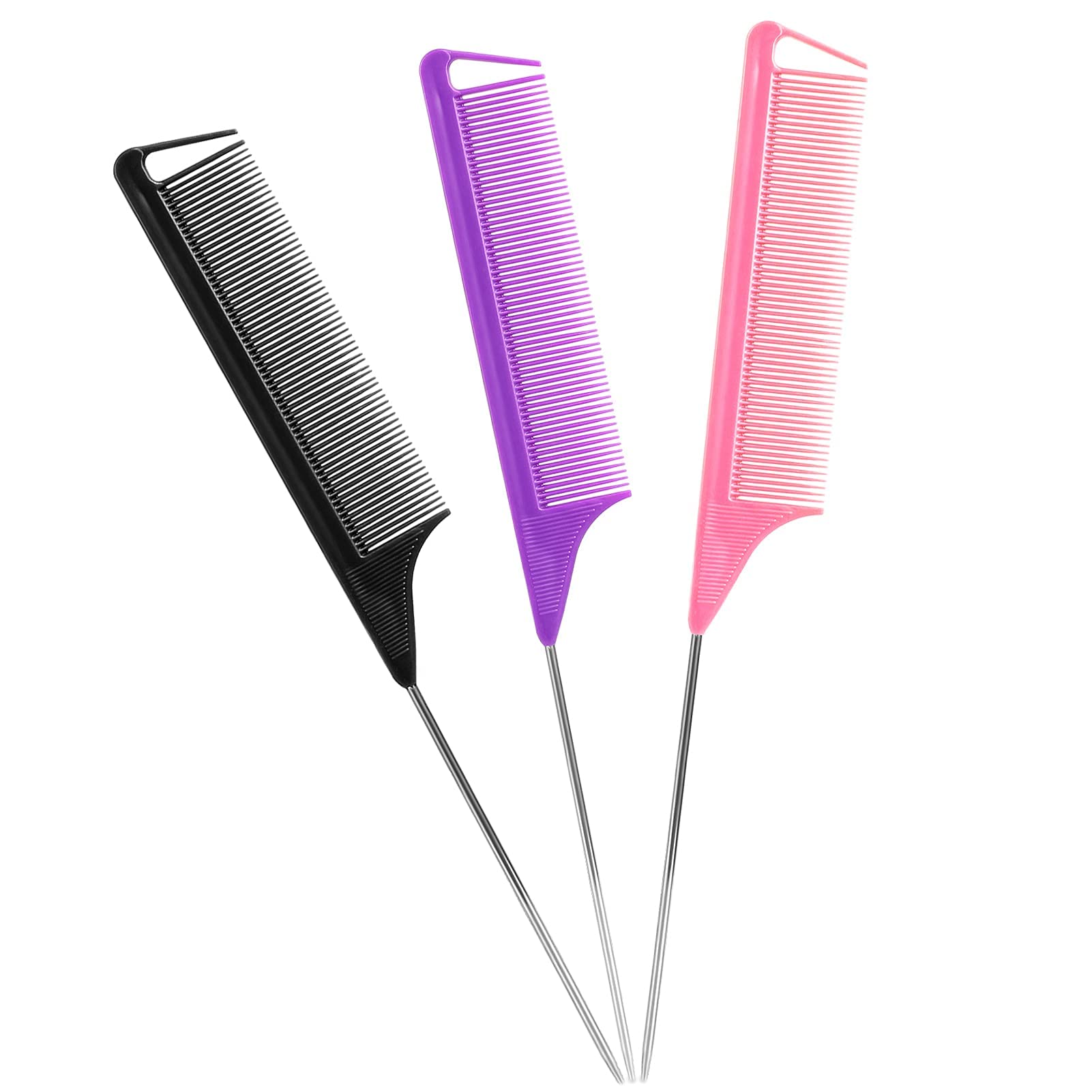 Stielkamm-Set: 3 Stück lange Stielkämme aus Stahl für Friseursalone, Haarscheidkämme aus Metall für Damen (Lila, Schwarz, Pink)