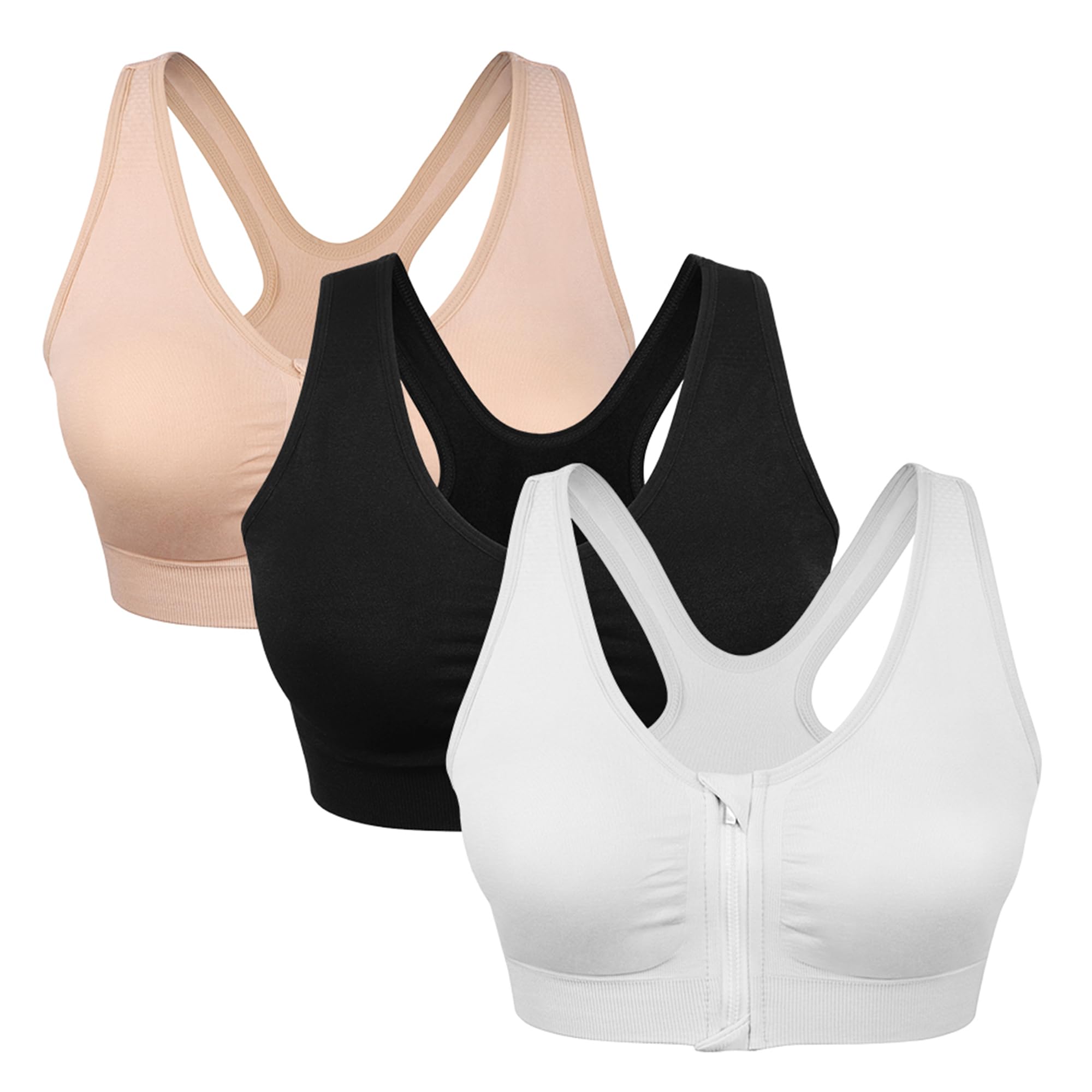 WANAYOU Racerback Sports Bra, Women's Zip Wire-Free Yoga Sports Bra (L:Fit 34C,34,34D,34DD,36B,36C,38A,38B, 3 Pack(Black+Flesh+White))