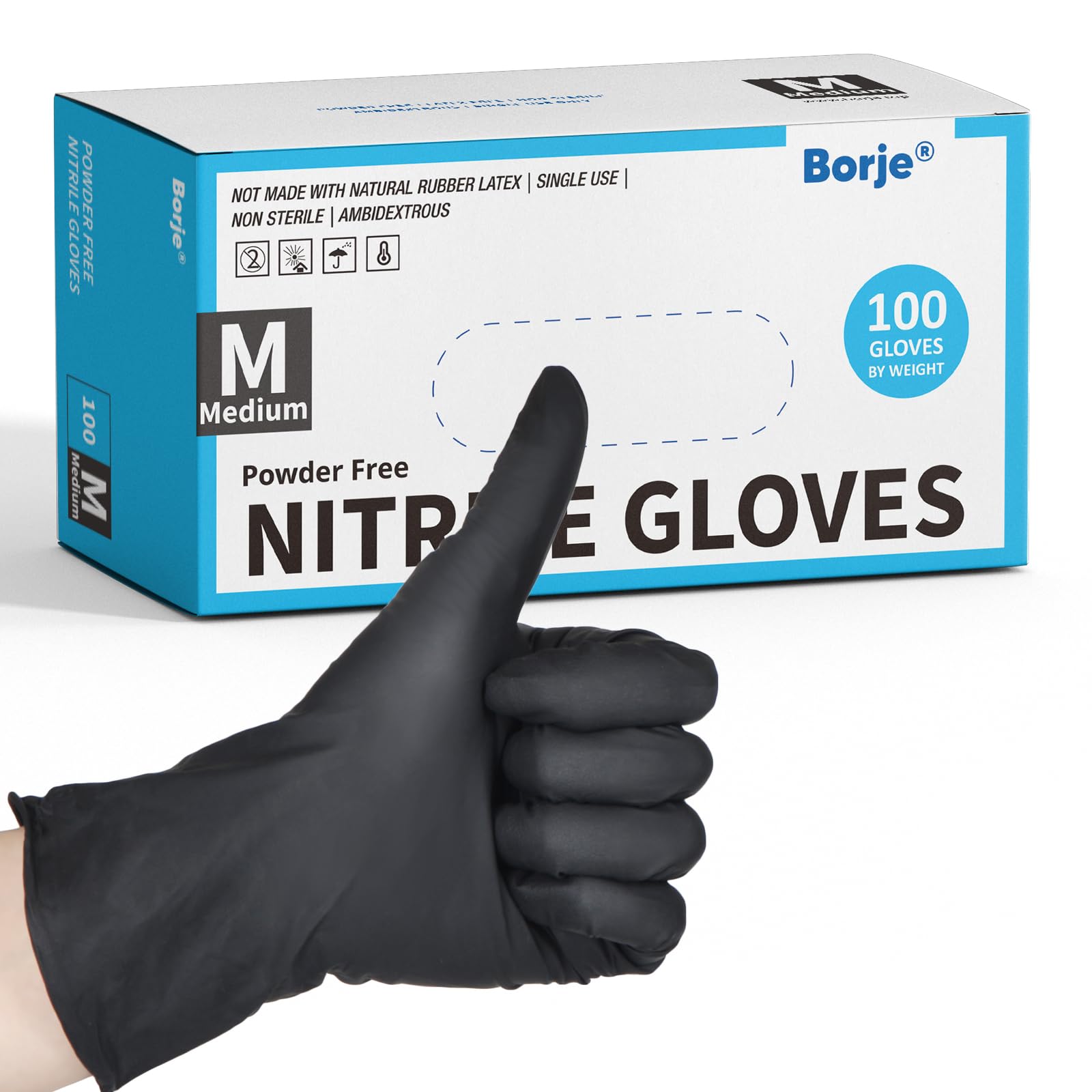 Borje Black Nitrile Disposable Gloves, 4 Mil Medical Exam Gloves, Latex & Powder-Free, Food Safe, Textured Fingertips, Cleaning, Medium, 100 Count