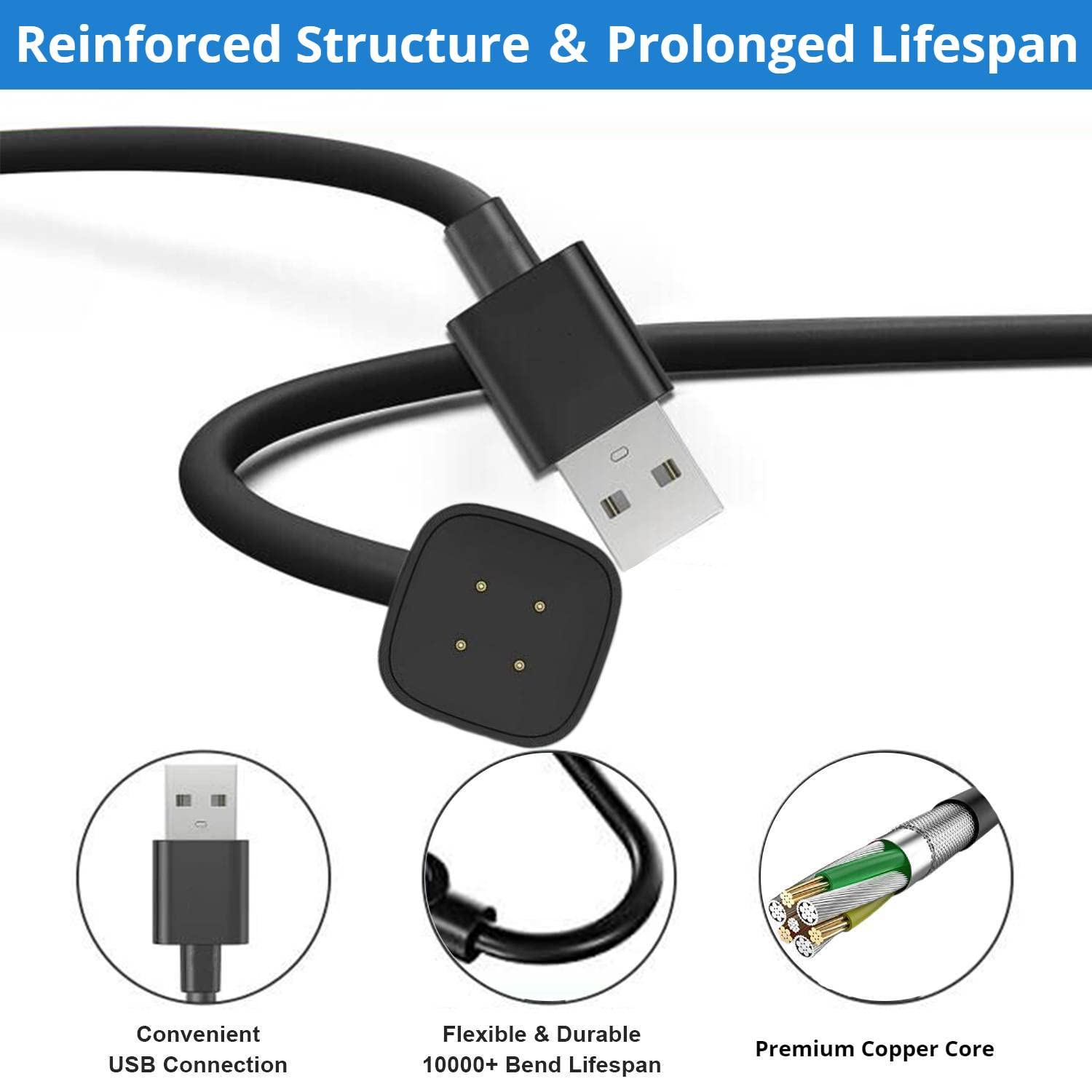 YANZHI Charger Replacement for Fitbit Versa 4 / Sense/Versa 3 / Sense 2 (2 Pack/3.3Ft Compatible with Fitbit Versa & Sense Smart Watch Charger Dock Stand Charging Cable, Upgraded Strong Magnet)