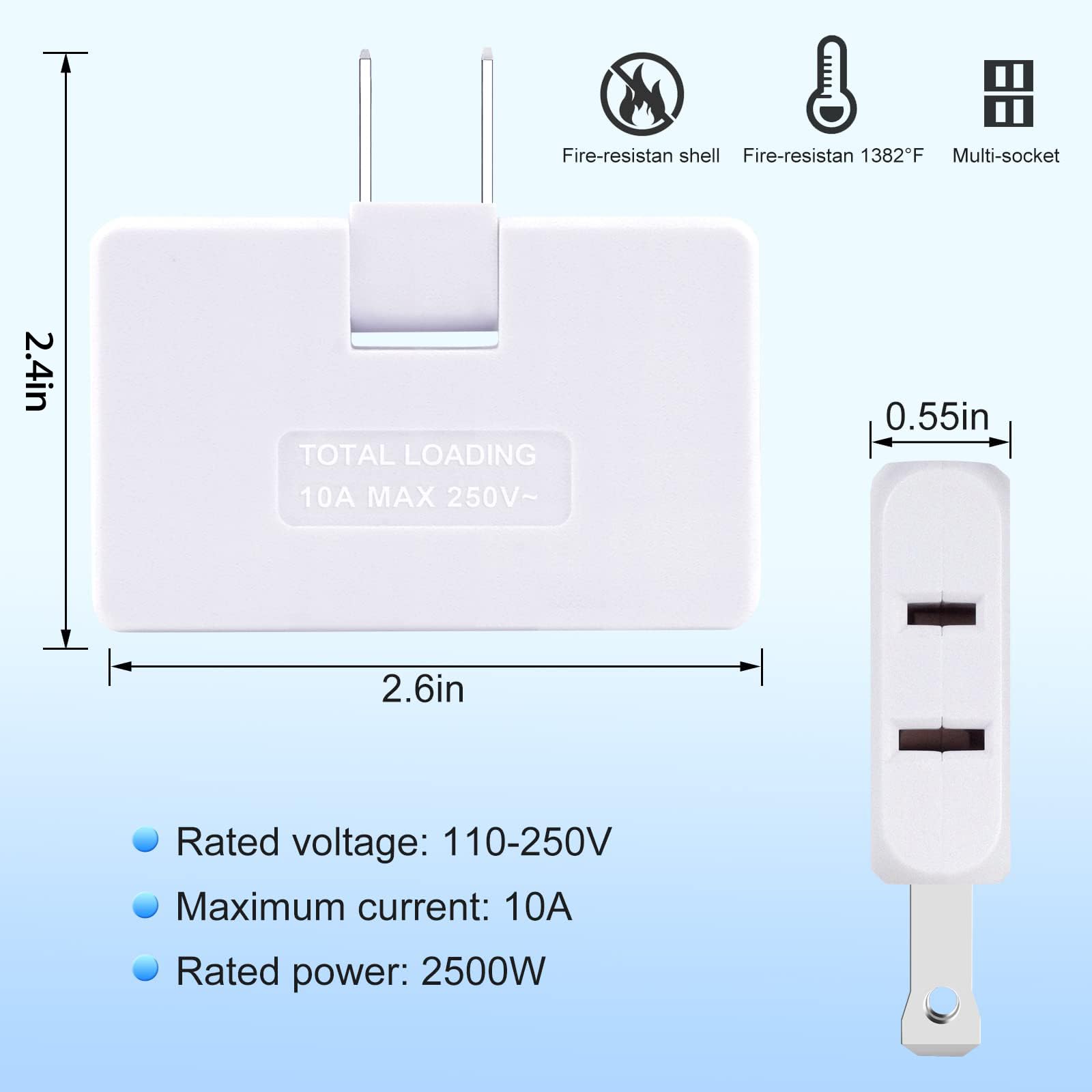 3 Pack AC Flat Wall Outlet Extender Flat Plug Adapter Outlet, Fold-Able 3 Way Wall Adapter Mani Plug for Home and Travel (White)