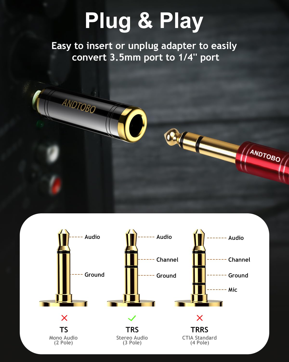 ANDTOBO 1/4'' to 3.5 mm Stereo Pure Copper Headphone Adapter, 3.5 mm(1/8'') Plug Male to 6.35 mm (1/4'') Jack Female Stereo Adapter for Headphone, Amp Adapter, Black 2-Pack