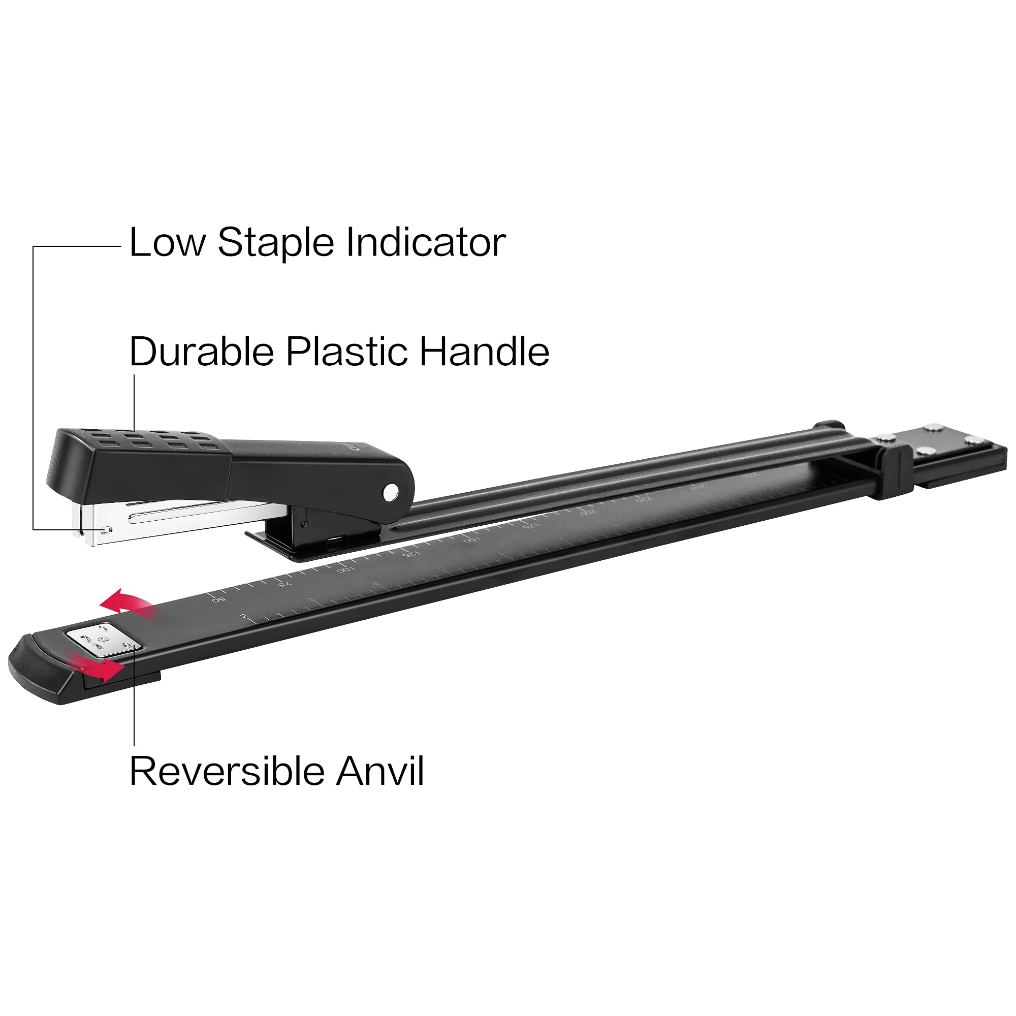 Deli Long Reach Stapler with 1000 Staples, 20 Sheet Capacity, Long Arm Standard Staplers for Booklet or Book Binding, Black