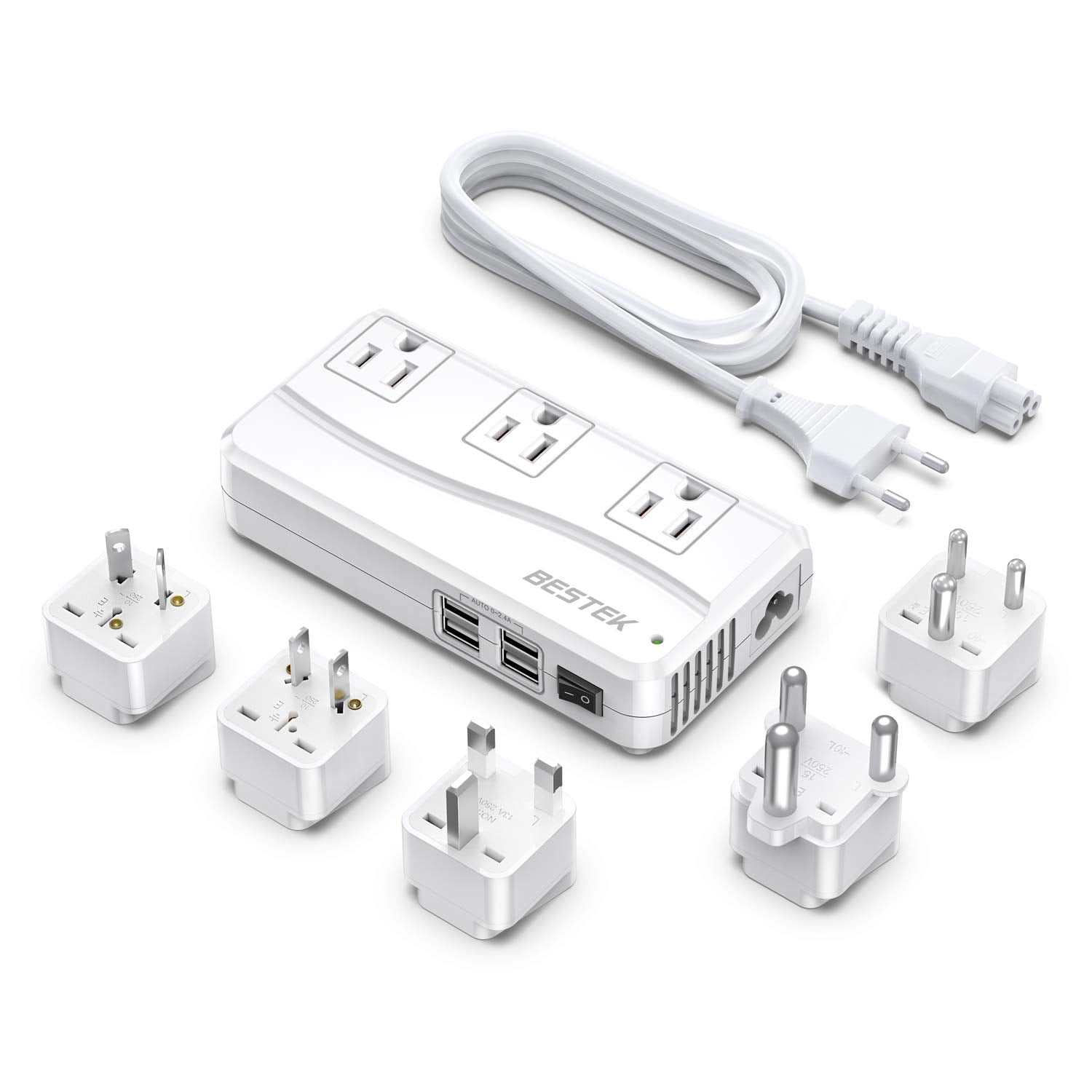 BESTEK 250W Power Converter 3-Outlet and 4-Port USB Travel Voltage Transformer 220V to 110V with Type G/D/M/AU/US Travel Plug Adapters