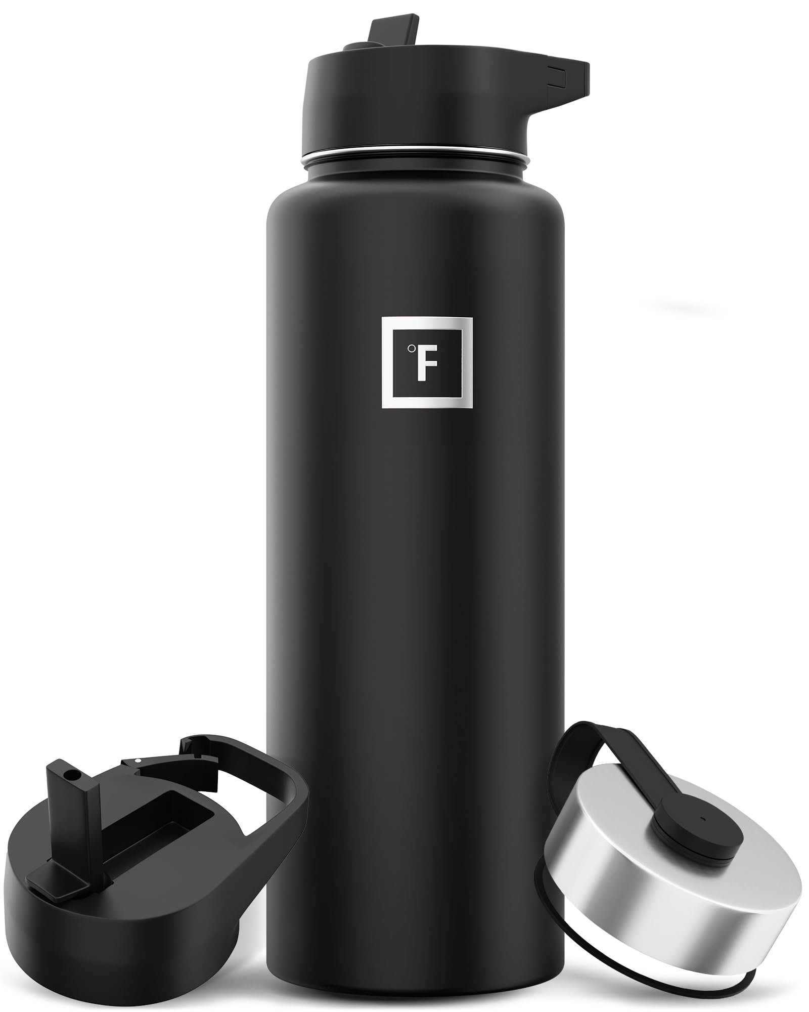 IRON degreesFLASK Camping & Hiking Trinkflasche mit 3 Deckeln - Edelstahl, doppelwandig & vakuumisoliert, auslaufsicher & BPA-frei (Midnight Black, Strohhalm - 40 oz)