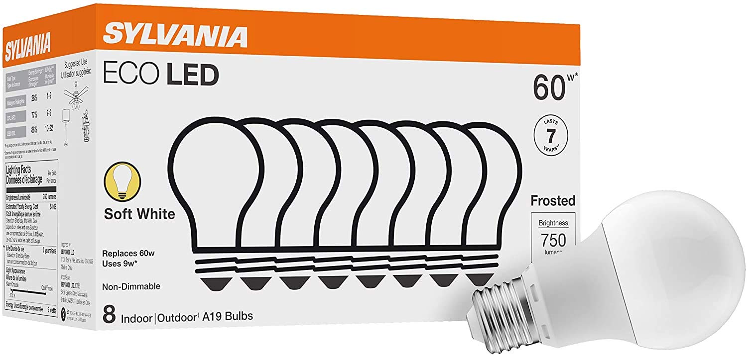 لمبة إضاءة ليد SYLVANIA ECO، مكافئة لـ 60 واط A19، كفاءة 9 واط، 7 سنوات، 750 لومن، 2700 كلفن، غير قابلة للتعتيم، بلوري، أبيض ناعم - 8 قطع (عبوة من 1) (40821)