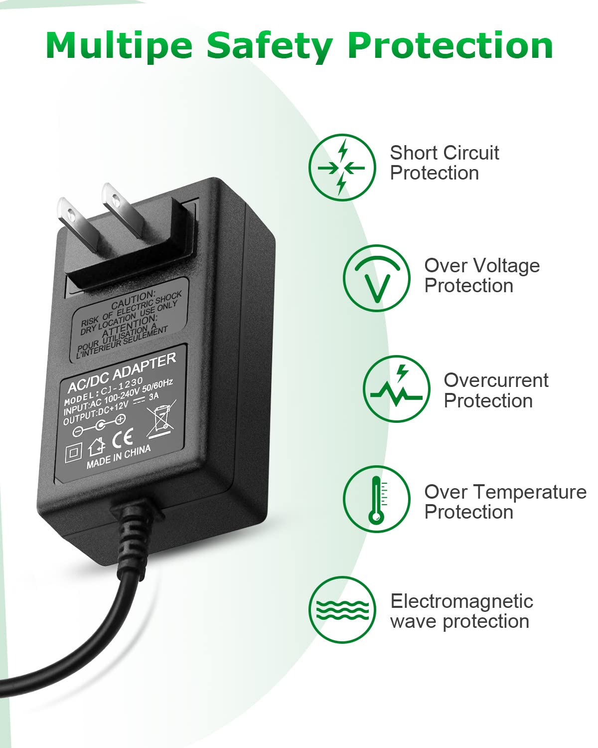 Arkare 12V 3A Power Supply Adapter 36W ac/dc Charger AC 100V-240V to DC 12Volt 3amp Power Cord 12V 2.5A 2A 1.5A 1A 800mA 500mA for Security Camera BT Speaker GPS Webcam Microphone Receiver with 10TIPS