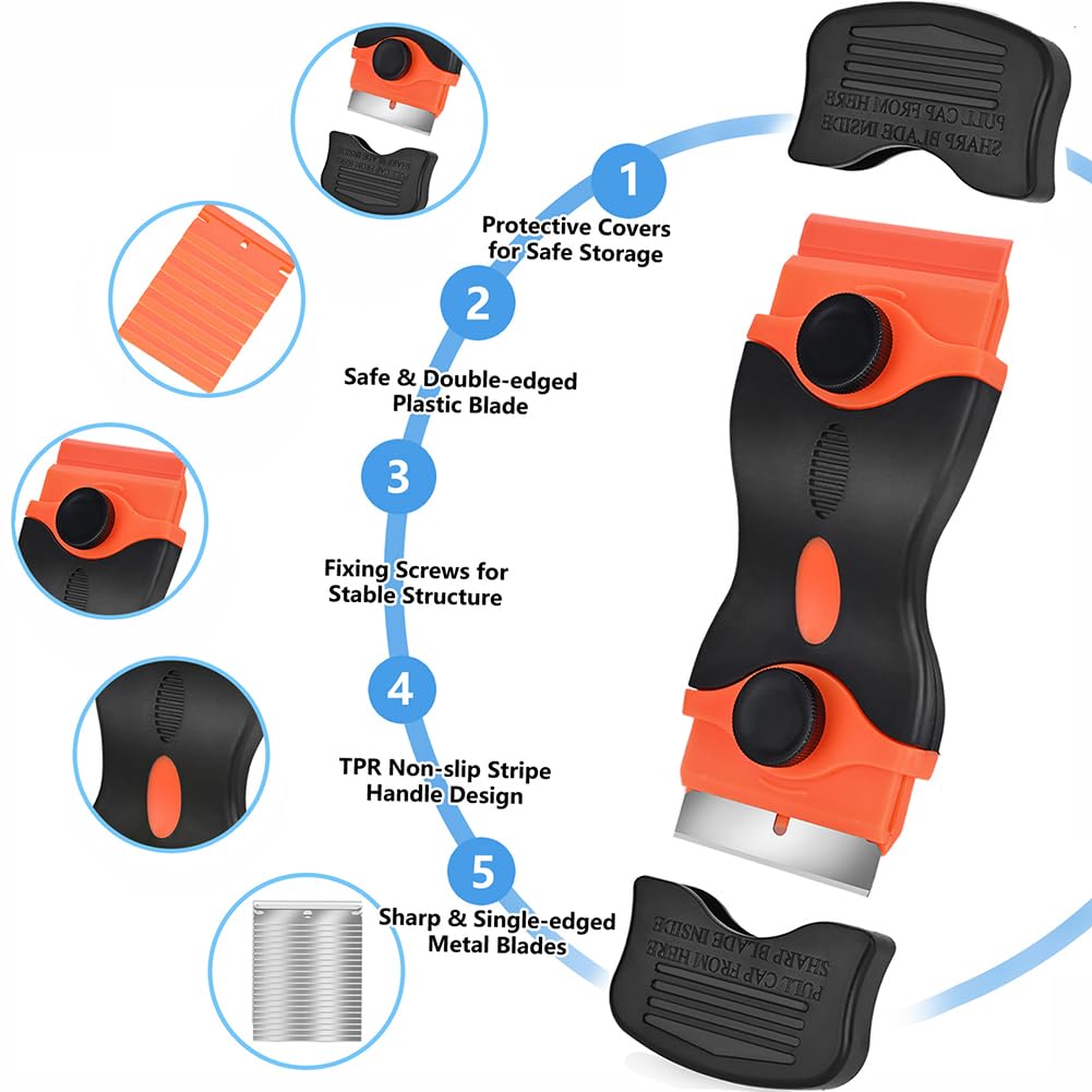 Razor Blade Scraper Tool, 3 Pack with 50 Plastic & 30 Metal Razor Blades, Cleaning Scraper for Removing Label, Registration Sticker, Tint, Grease from Windshield, Appliance, Glass