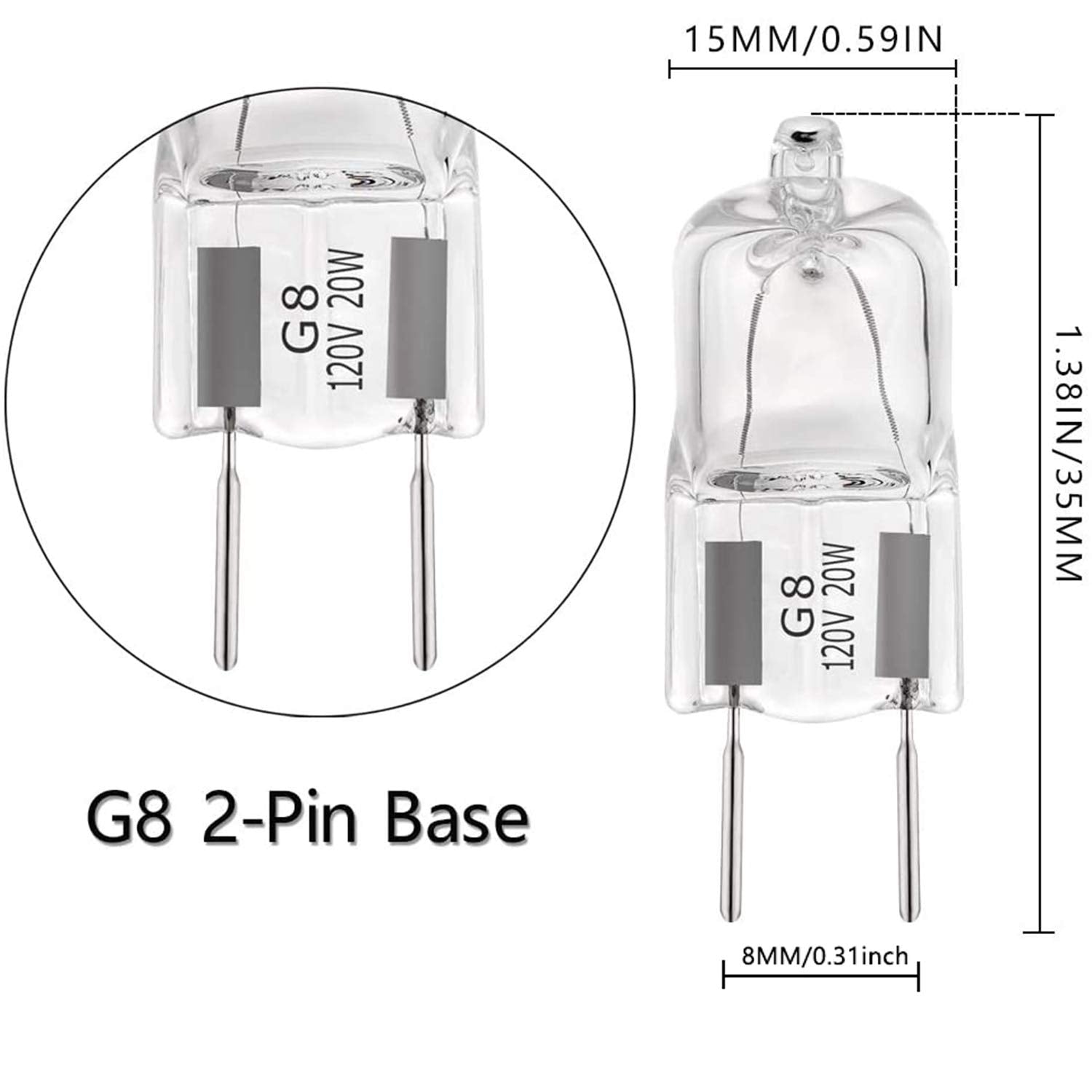 YBEK G8 Halogen Light Bulbs 20W 120V Xenon Under Cabinet Lighting Replacements 2Pin 2700K Warm White (Pack of 10)