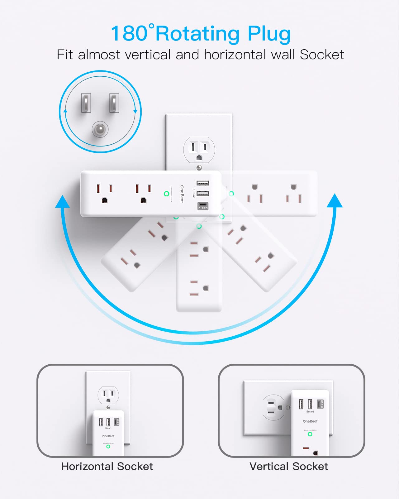 Surge Protector Outlet Extender with Rotating Plug - One Beat 6 AC Multi Plug Outlet with 3 USB Ports (1 USB C), 1800J Wall Charger, 3-Sided Power Strip Spaced Outlet Splitter for Home Office Travel