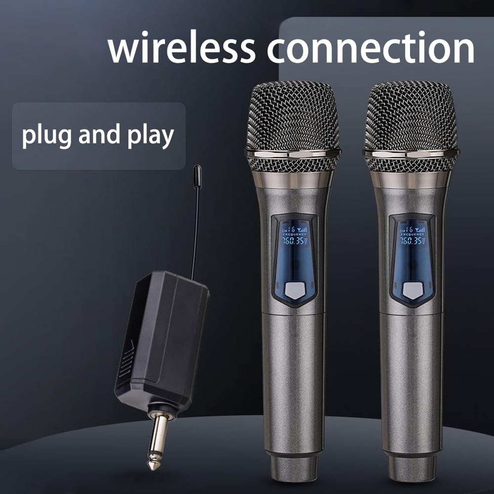 Wireless Microphone, Rechargeable Fixed Frequency Wireless Dual Microphone, Dual Handheld Dynamic Microphone,Karaoke Singing, Weddings DJ,Party, Church, Classroom use, 200 feet, Gray