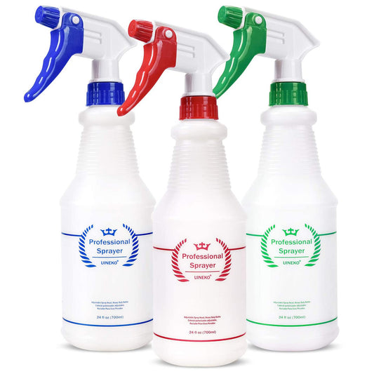 Uineko Plastic Spray Bottle (3 Pack, 24 Oz, 3 Colors) Heavy Duty All-Purpose Empty Spraying Bottles Leak Proof Commercial Mist Water Bottle for Cleaning Solutions Plants Pet with Adjustable Nozzle