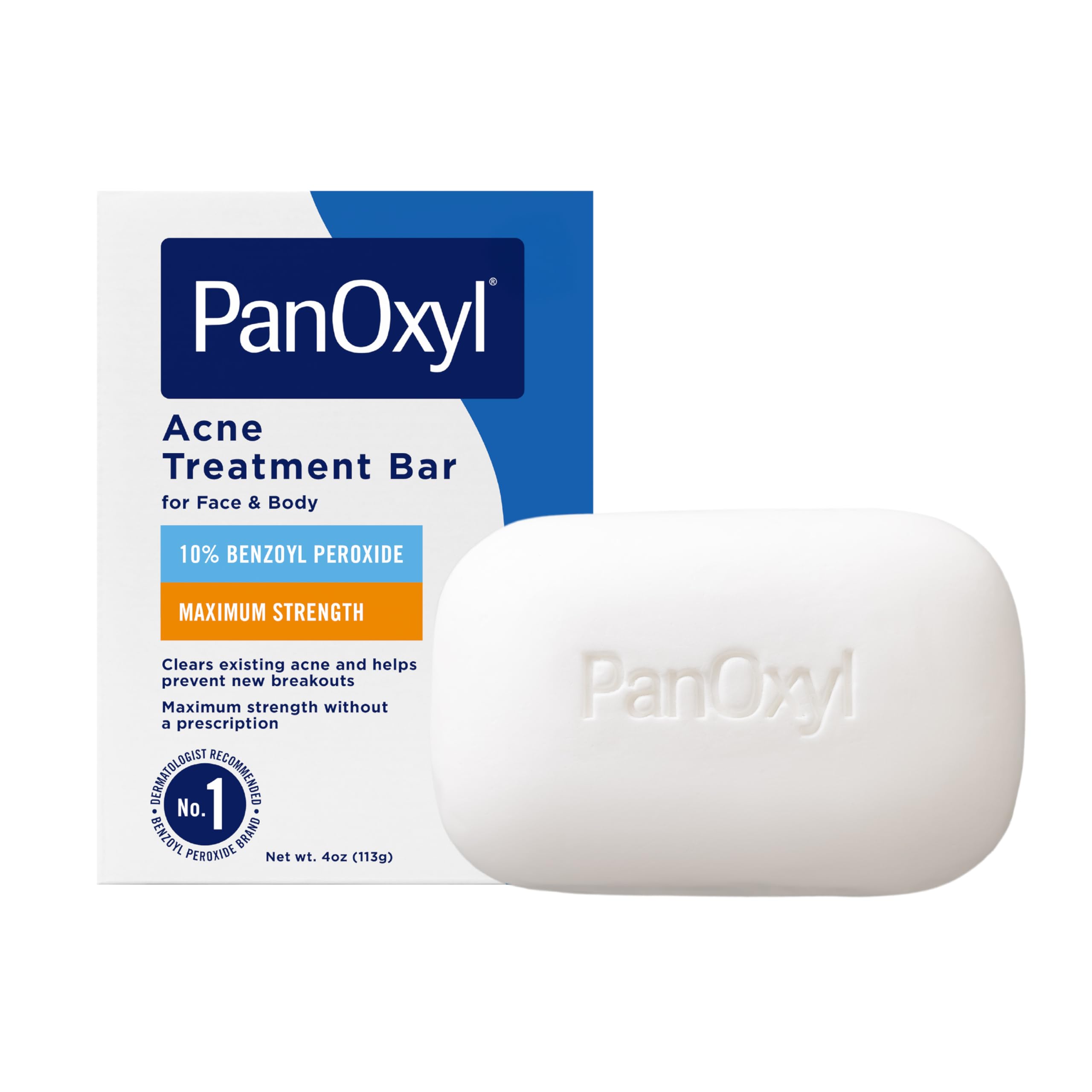 PanOxyl Acne Treatment Bar with 10% Benzoyl Peroxide, Maximum Strength Acne Bar for Face, Chest, and Back, Soap-Free Body Wash, Treats Acne Pimples, Whiteheads, Blackheads, pH Balanced, Vegan, 4 oz