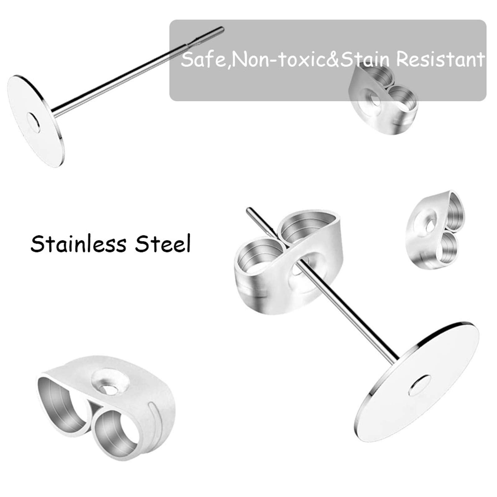 450PCS Earring Posts Stainless Steel Flat Pad,Hypoallergenic Stud Earrings with Butterfly and Rubber Bullet Earring Backs for Jewelry DIY Making Findings (Silver) (Silver)