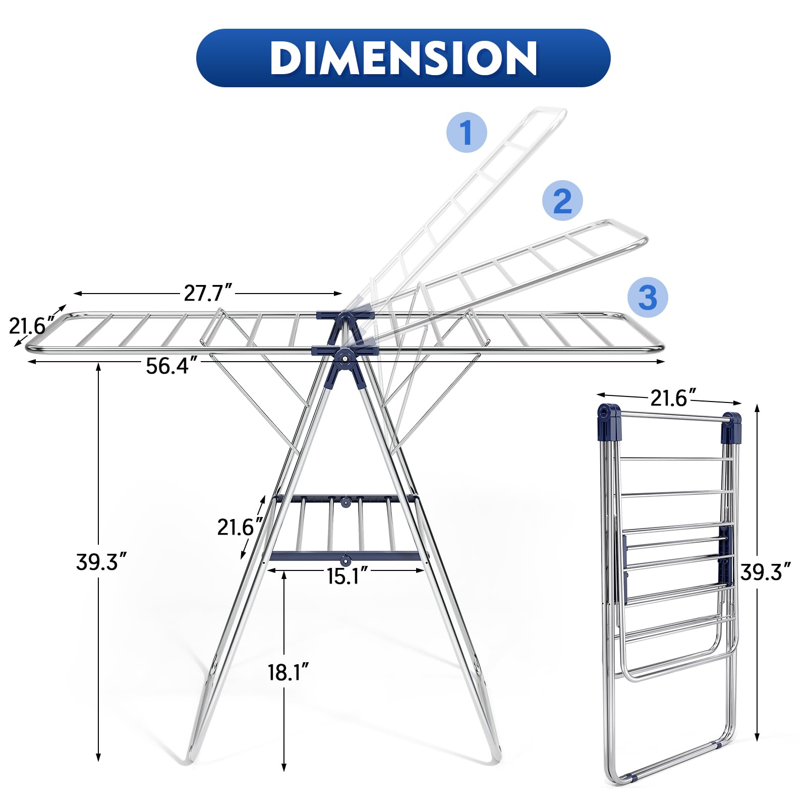 APEXCHASER Clothes Drying Rack, Stainless Steel Drying Rack Clothing with Height-Adjustable, Foldable Gullwings Laundry Drying Rack, Indoor Outdoor Use, No Assembly