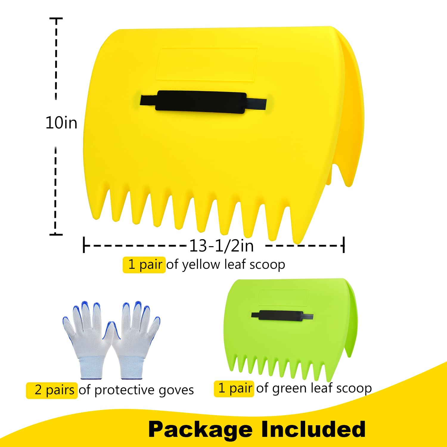 2 Sets Leaf Scoops Hand Rakes, Leaf Scoops and Claws with 2 Pairs Gloves, Lightweight Plastic Leaf Scoop, Large Leaf Grabbers for Picking Up Leaves, Clippings, Grass(2 Sets,Yellow+Green)