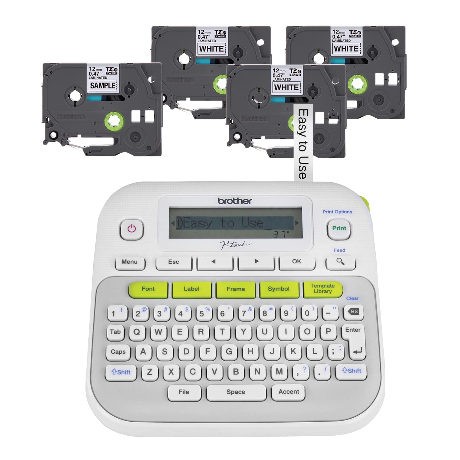 Brother P-Touch, PTD210, Einfach zu bedienendes Etikettendrucker-Set (inkl. 4 Etikettenbänder), Weiß, Klein