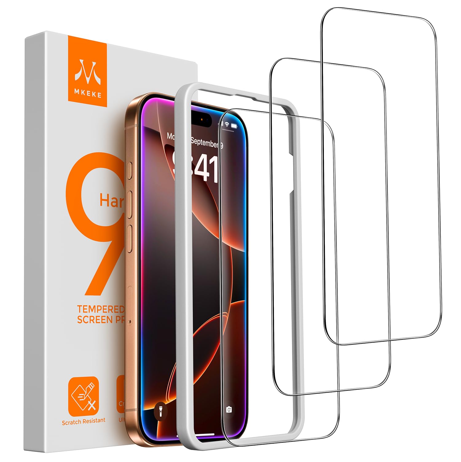 Mkeke 3 Pack Screen Protector for iPhone 16 Pro Max 6.9", [9H+ Tempered Glass] [Military-Grade Drop Protection][Easy Installation Frame] HD Clear, Anti-Scratch, Bubble Free