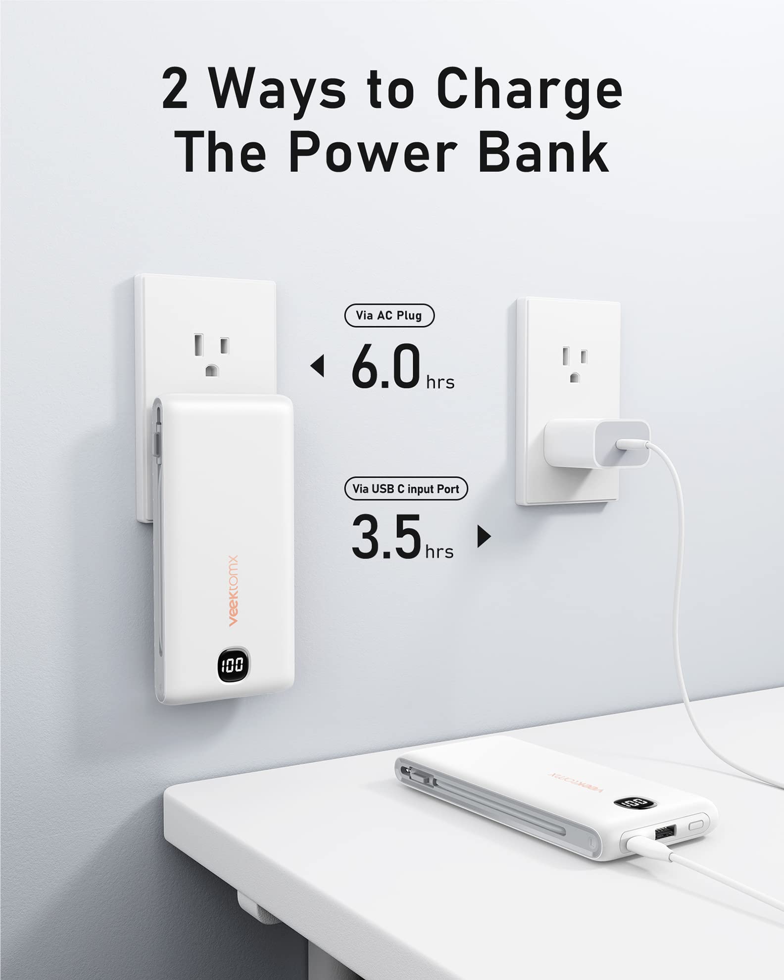 VEEKTOMX Portable Charger with Built in Cables 10000mAh, Power Bank for iPhone with Wall Plug, Travel Essential Fast Charging USB C Slim External Battery Pack for iPhone16/15/14, Samsung, iPad, etc