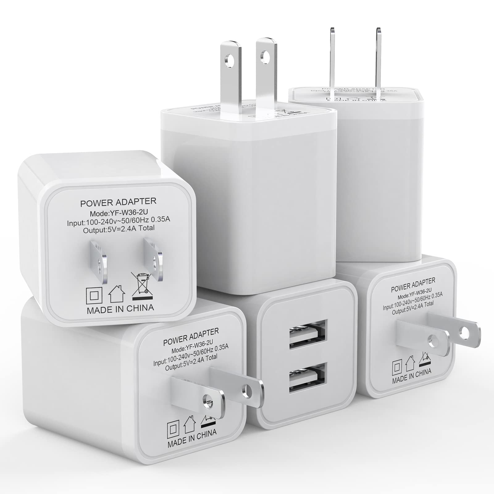 6Pack USB Wall Charger, iGENJUN 2.4A Phone Charger Dual USB Port Cube Power Plug Adapter Fast Wall Charger Block Compatible with iPhone 16/16 Pro/15/15 Pro, Samsung Galaxy, Pixel, LG, Android-White