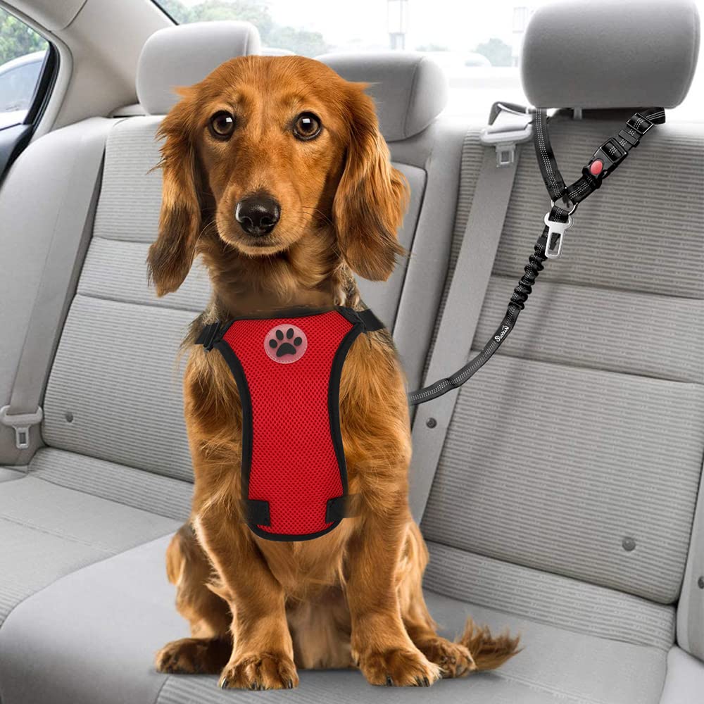 SlowTon Dog Seat Belt for Car, 2 Pack Dog Car Harness Seatbelt Adjustable with Elastic Bungee Buffer, 2 in 1 Pet Car Leash Headrest Restraint Dog Reflective Safety Tether (Black, Headrest+Clip)