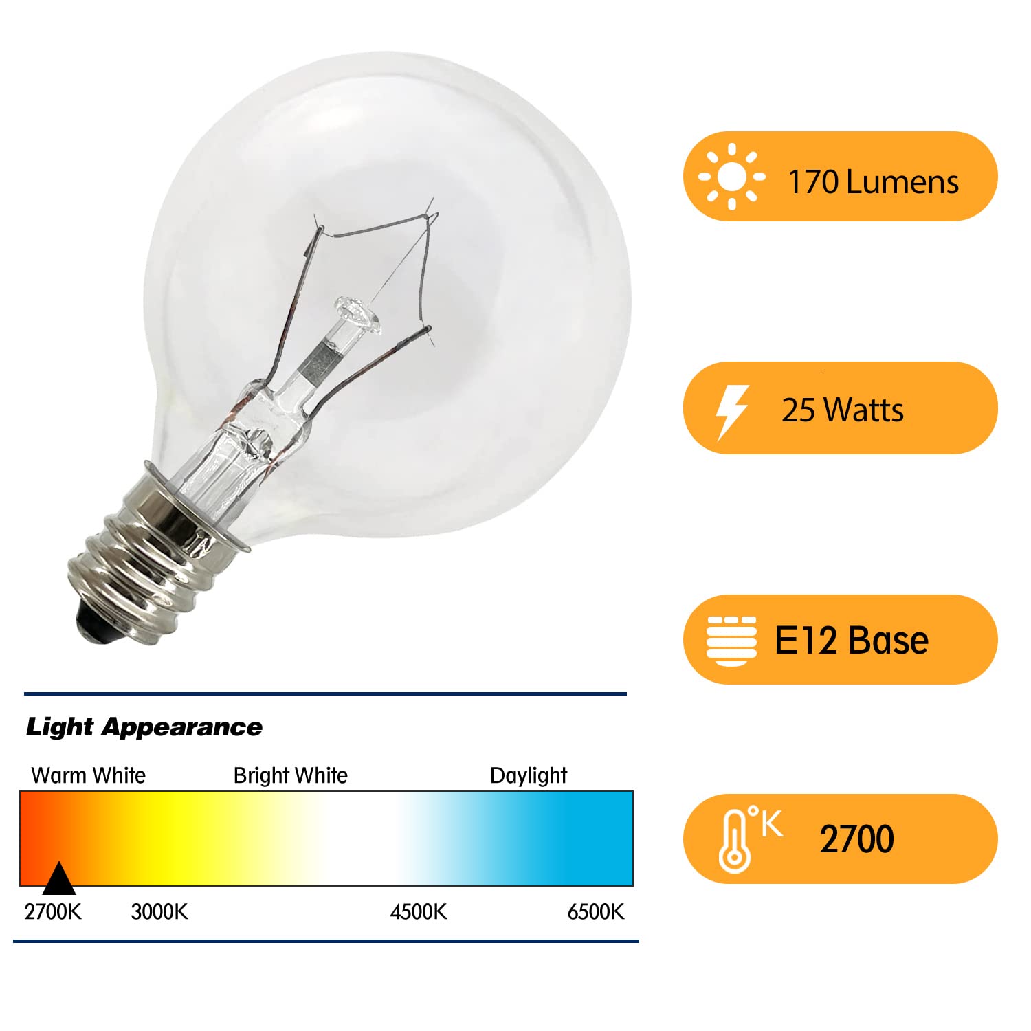 Wax Warmer Bulbs 6 Pack, G50 25 Watt Light Bulbs for Full Size Scentsy Warmers, E12 Base G16.5 Globe Clear Bulb for Candle Wax Warmer, Long Lifespan, 120 Volt