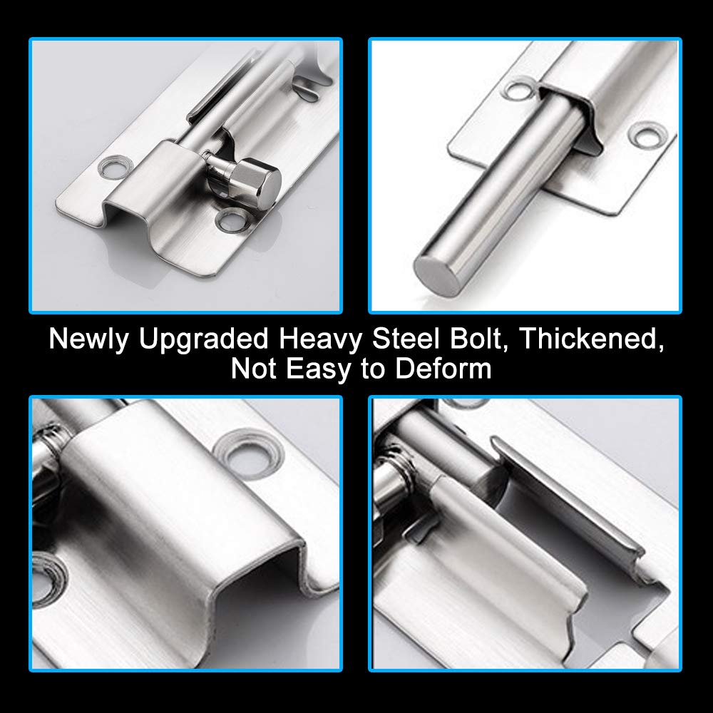 FATLODA 2 Pack Barrel Bolt Latch, 3 Inches Slide Latch Lock, Thickened Stainless Steel Sliding Locks for Door, Brushed Finish Sliding Bolt Lock Latches with 12PCS Screws