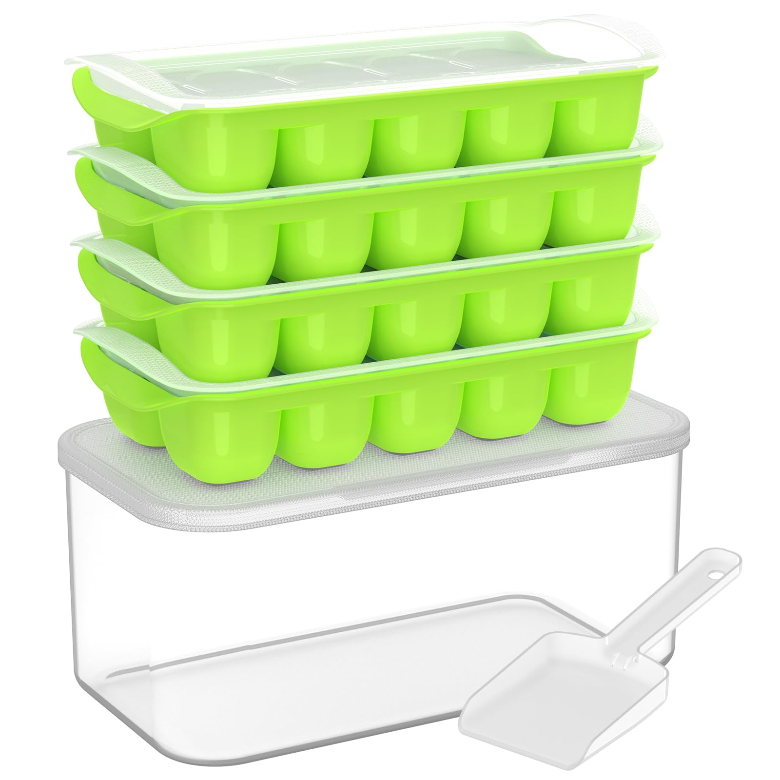 DOQAUS Ice Cube Tray with Lid and Bin, 4 Pack Easy Pop Out Silicone Ices Cubes Trays for Freezer with Cover, Stackable Compact Ice Bucket Kits, for Soup, Food, Cocktail, Coffee