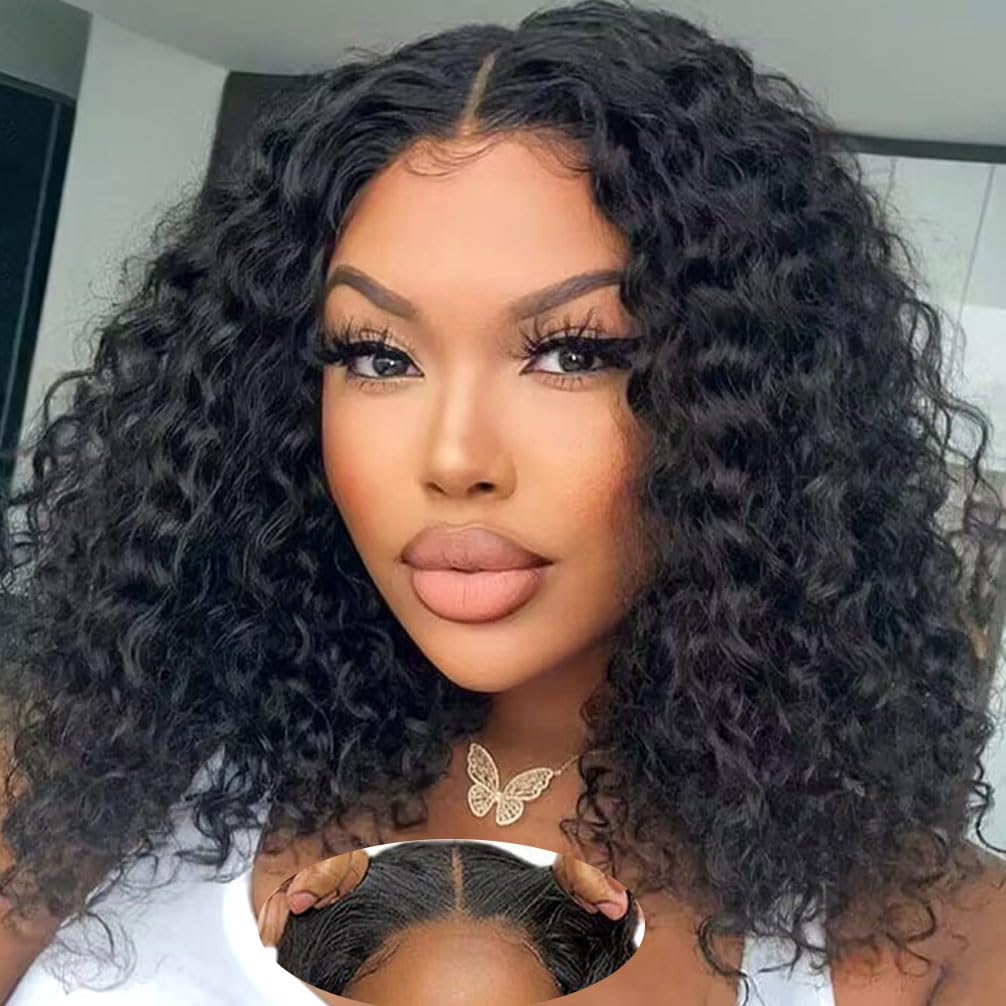 Srakuw Wear and Go Glueless Perücken Echthaar Pre Plucked Pre Cut Lace Front Perücken für schwarze Frauen 180 Dichte Water Wave Bob Perücke Echthaar Lockige Perücke (14 Zoll)