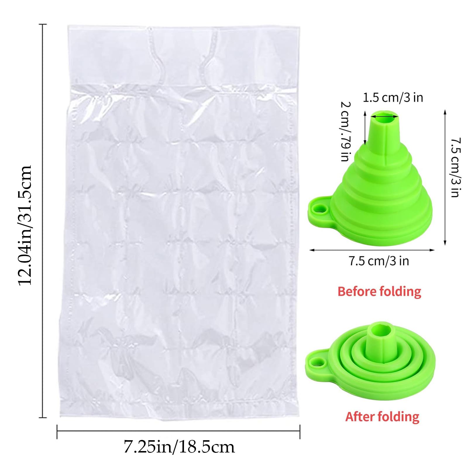 100 Bags Disposable Ice Cube Bags,Stackable Easy Release Ice Cube Mold Trays, Self-Seal Freezing Maker,Cold Ice Pack Cooler Bag for Cocktail Food Wine, Transparent with 1 funnels