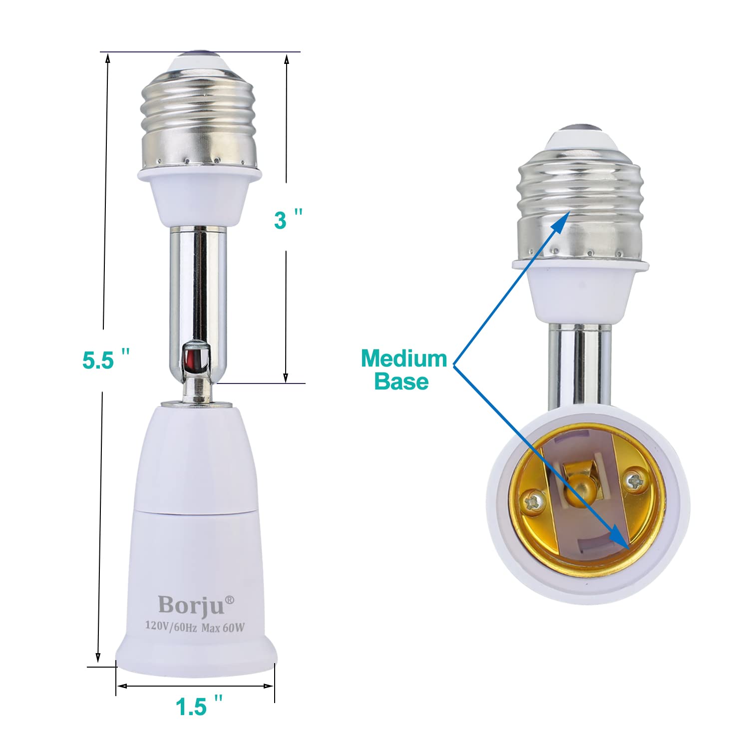 Borju Light Socket Extender [2-Pack], 4.5 Inch Extension, 360° Adjustable Socket, White