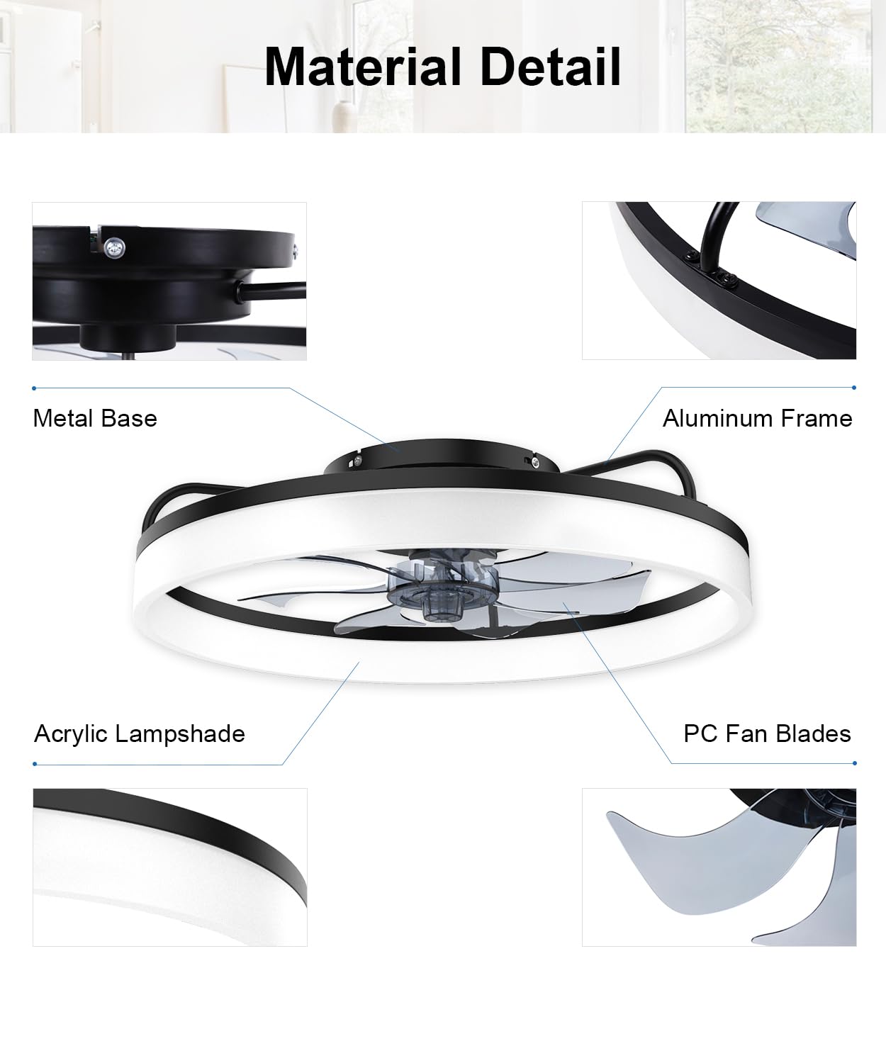 AQUBT Ceiling Fans with Lights and Remote, 20" Modern Low Profile Ceiling Fan with Light, Stepless Color Temperature Change and 6 Speeds for Bedroom, Kids Room and Living Room (Black)