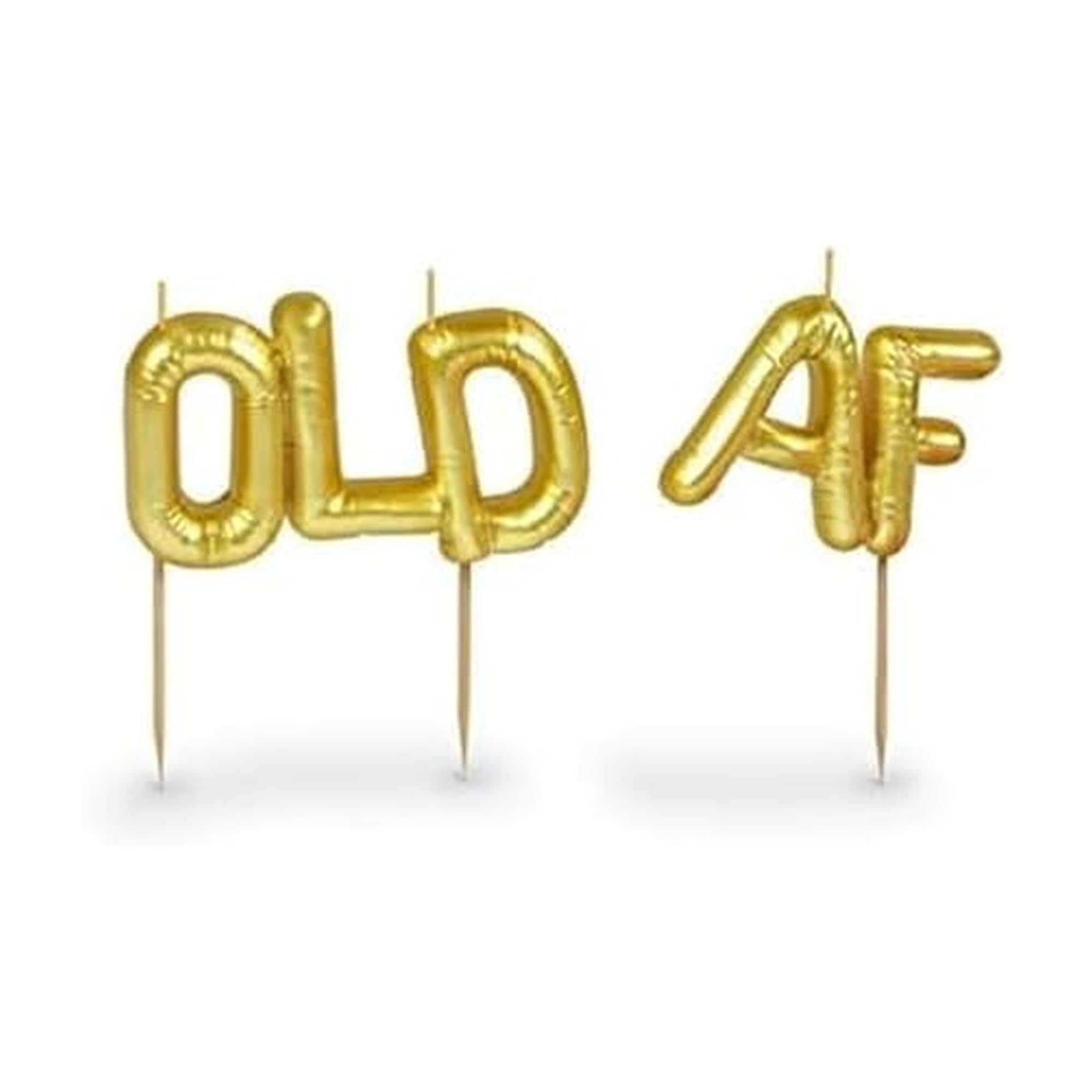 شموع حفلات لايتن آب من جينيون فريد، بتصميم "Old AF"، شموع حروف معدنية ذهبية بتصميم البالونات، شموع مضحكة لاحتفالات التقاعد وأعياد الميلاد الهامة