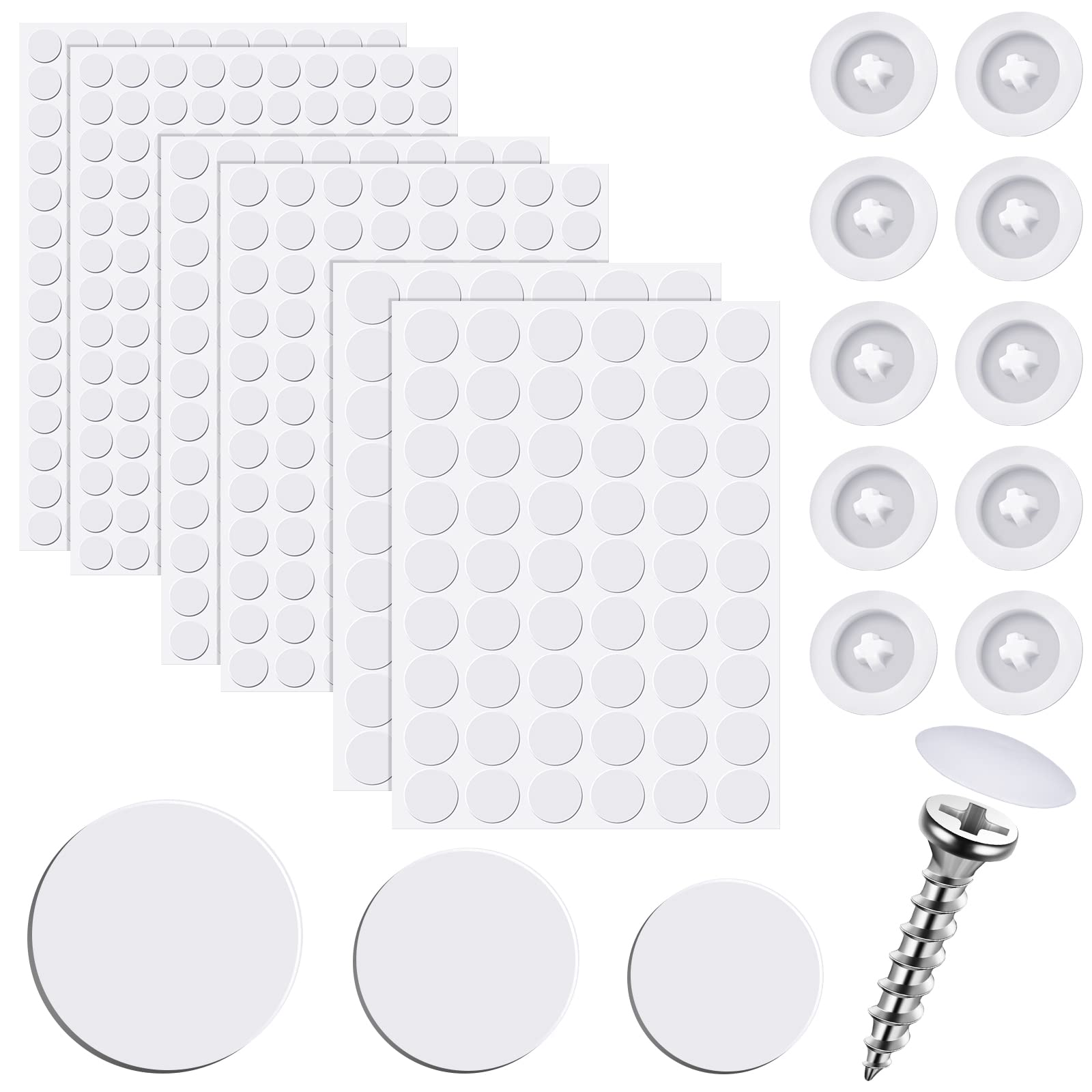 100 Pieces Self Tapping Plastic Screw Cap Covers and 580 Pieces Self Adhesive Screw Hole Stickers Furniture Screw Cover Stickers for Wood Screws Furniture (White)