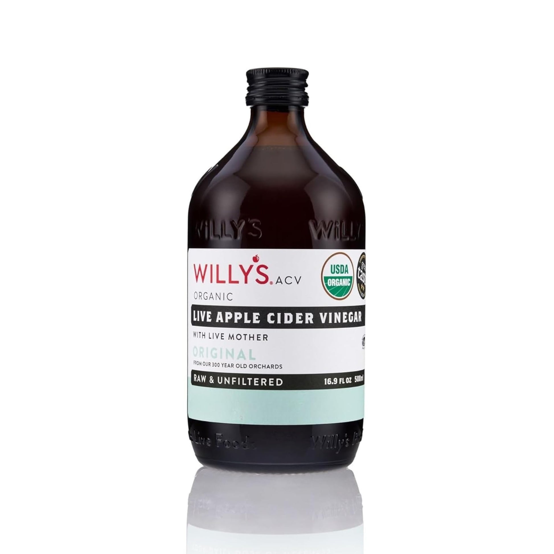 Willy's Organic ACV Apple Cider Vinegar with Mother - Probiotocs for Detox and Gut Health. 16.9oz Glass Bottle