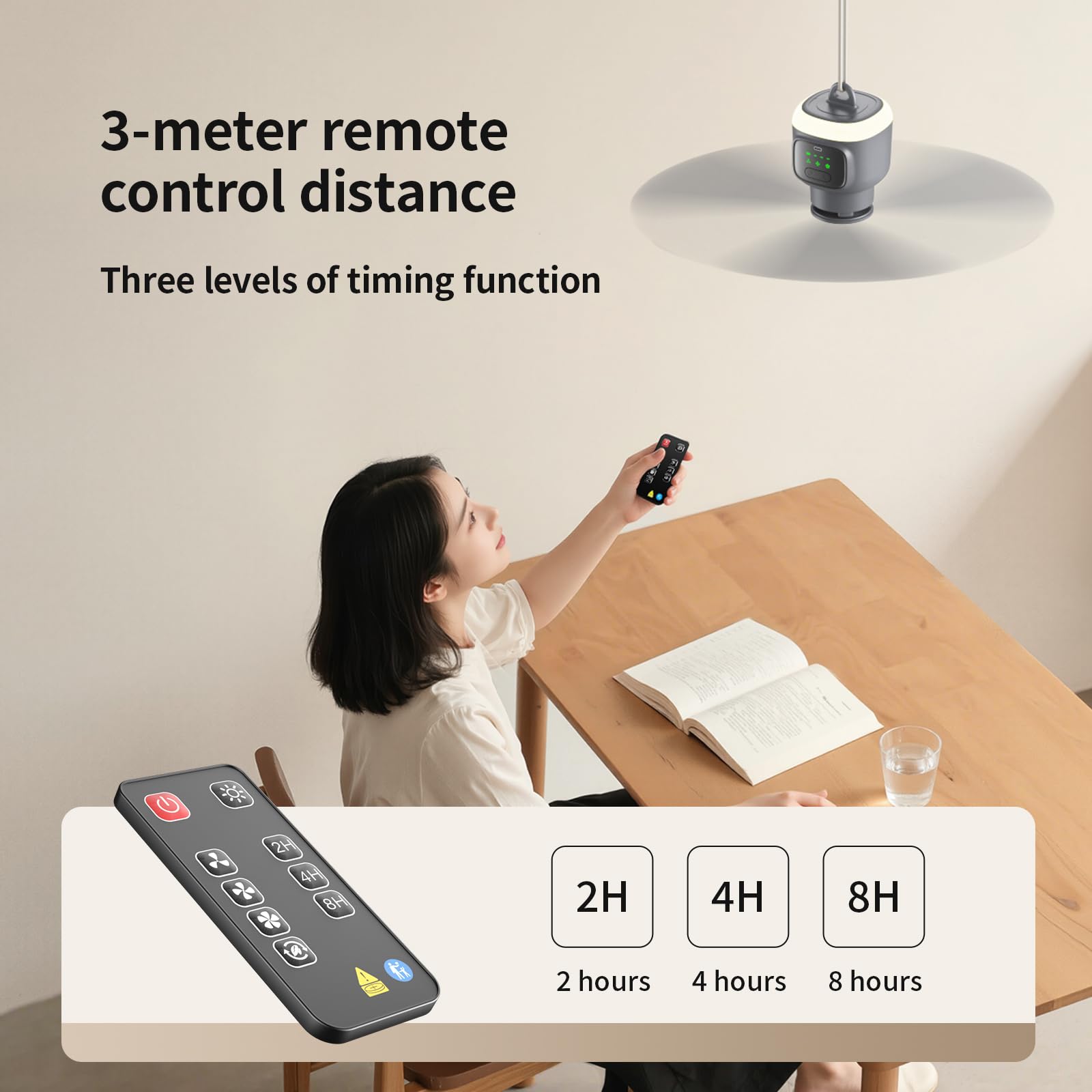 VVU&CCO 18' Portable Ceiling Fan with Light for Patio Canopy Tent Porch RV, 4 Speed Adjustment with Lighting, 8 Hours Timer & Use Time Up to 30H, 12000mAh Battery -operated Ceiling Fan with Remote