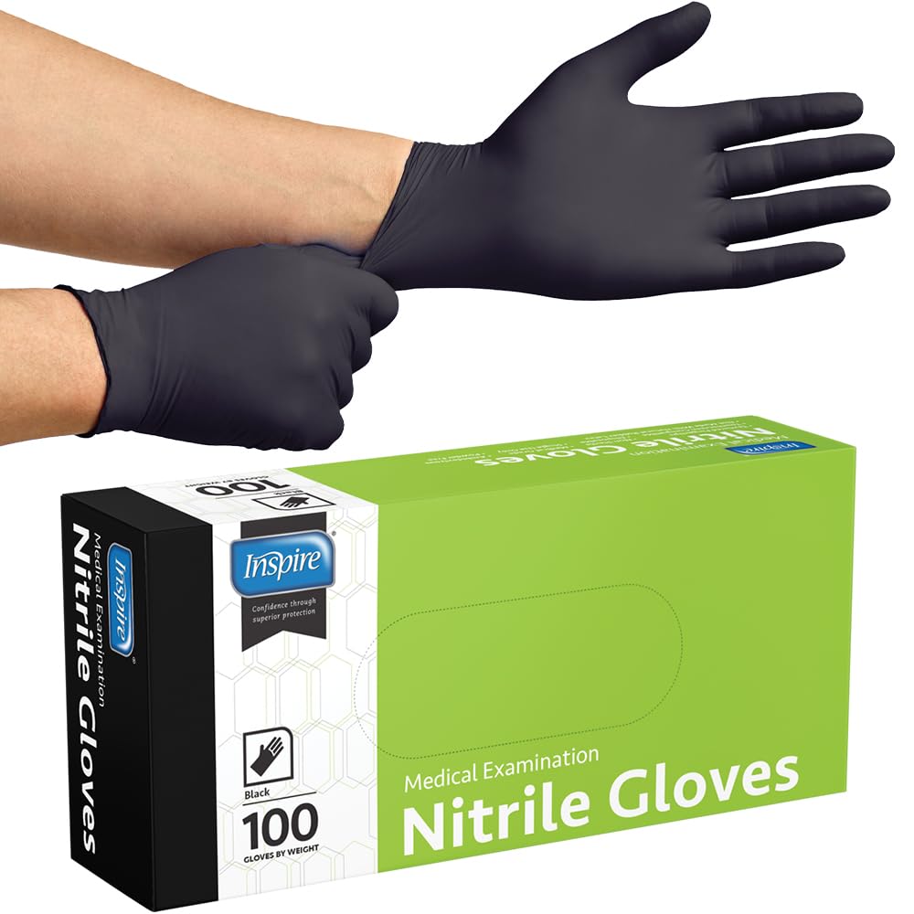 Inspire Black Nitrile Disposable Gloves | 4.5 Nitrile Medical Exam Cooking Cleaning Disposable Black Gloves (Box Of 100, Medium)