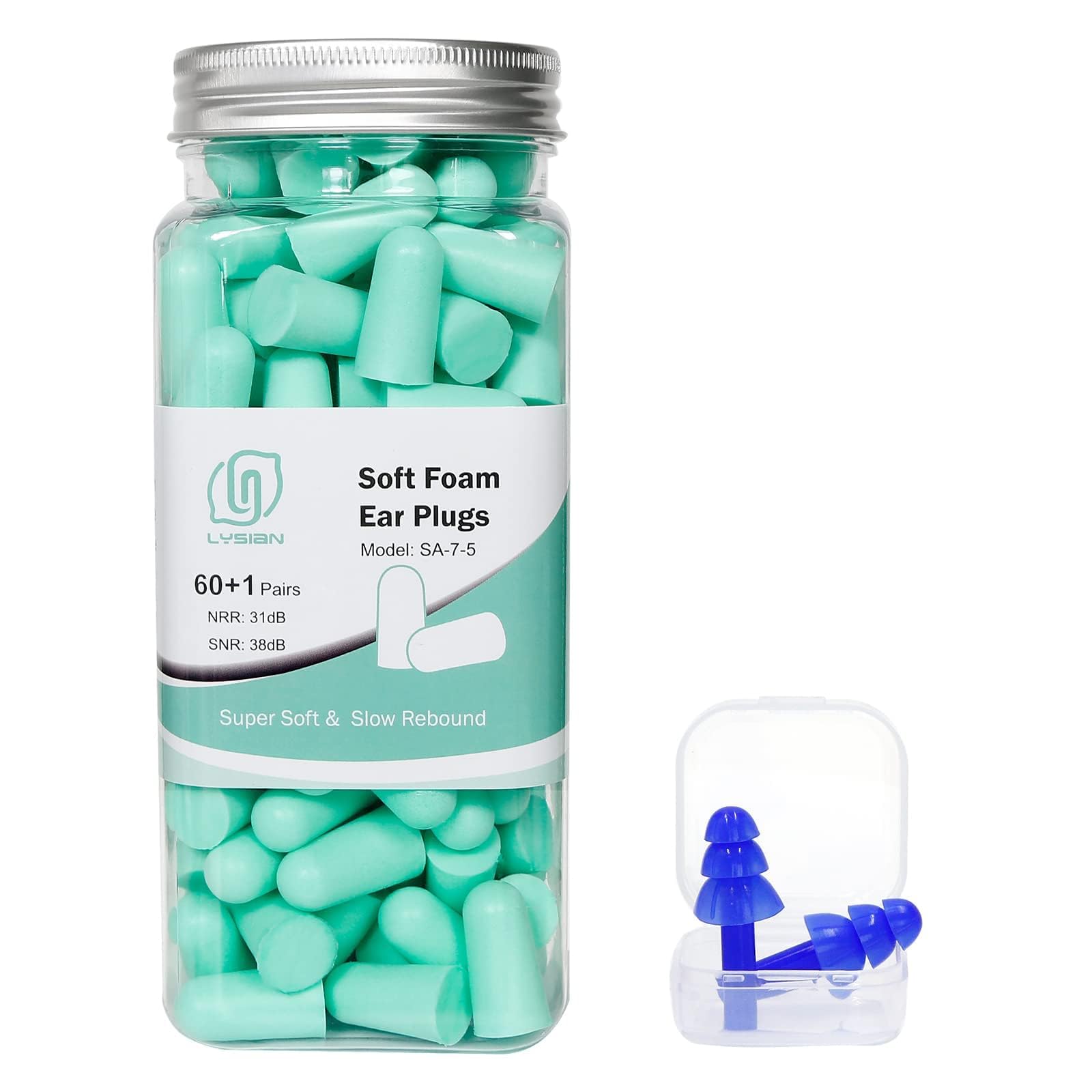 LYSIAN Ultra Soft Foam Earplugs Sleep, Noise Cancelling Ear Plugs for Sleeping, Shooting,Travel and Work-38dB SNR 31dB NRR Sound Blocking-60 Pairs Pack (Lake Blue)