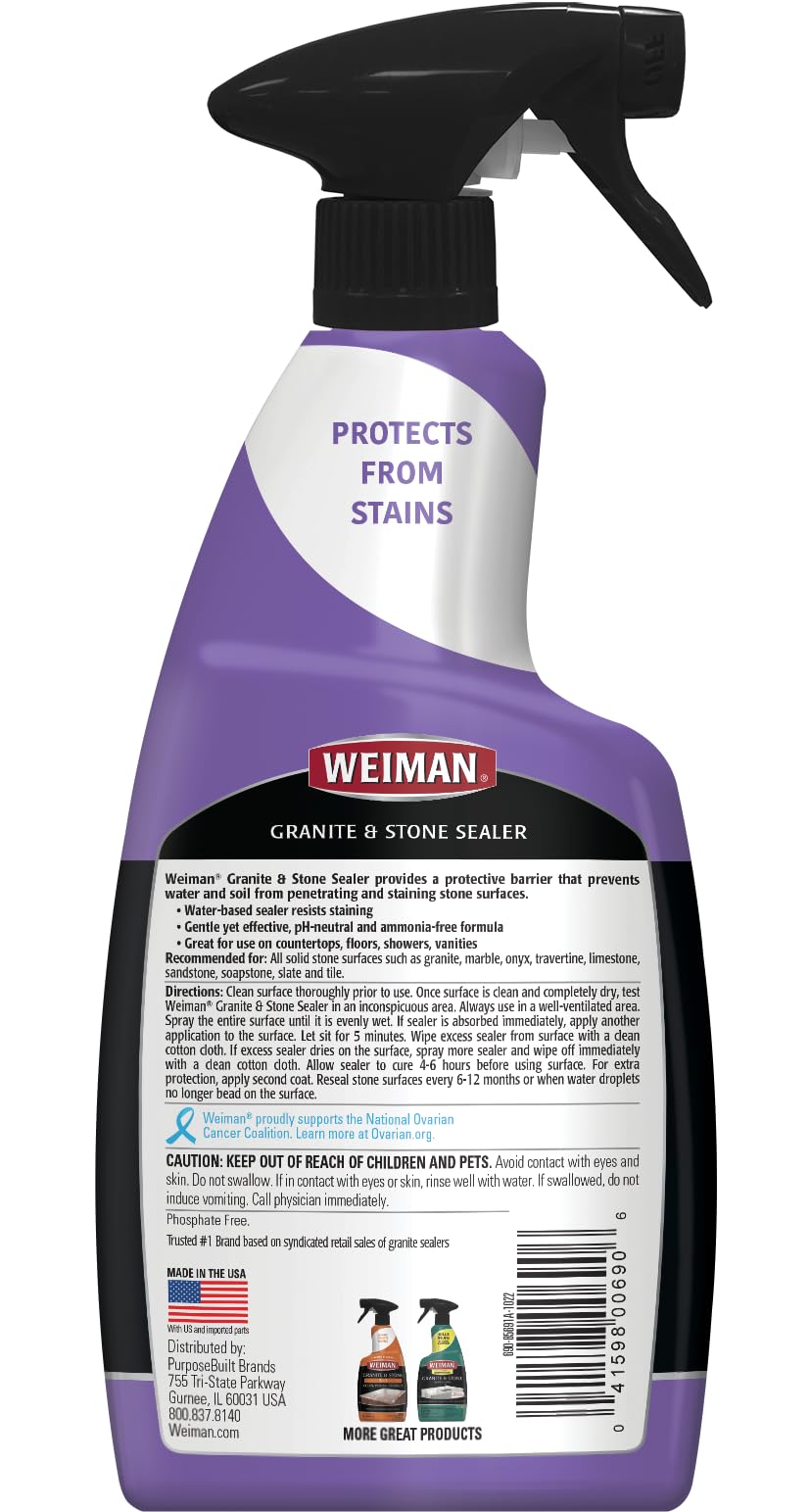 Weiman Granite & Stone Sealer Spray - Protects Kitchen Countertops, Sinks, Showers, Vanities & Floors From Stains - For Granite, Quartz, Marble, Tile, Limestone, Slate - Water Based, 24 oz