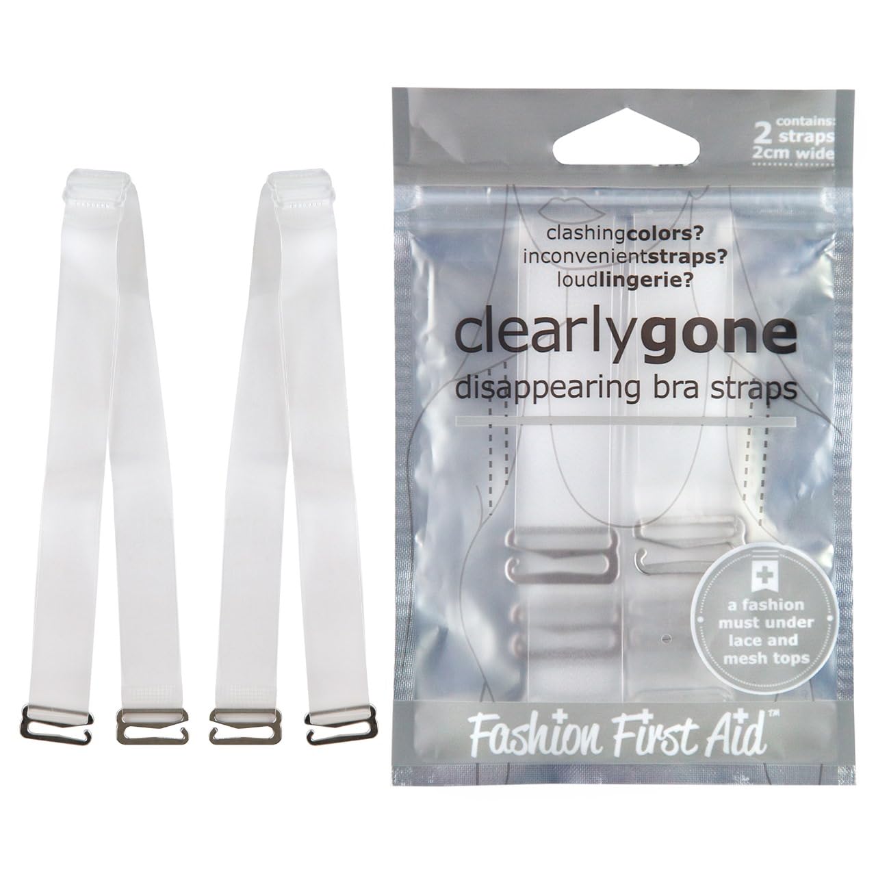 Fashion First Aid Clearly Gone Invisible Clear Bra Straps for Women – 3/4 Inch Wide with Metal Hooks – Adjustable Transparent Strap Pair for Strapless and Convertible Bras
