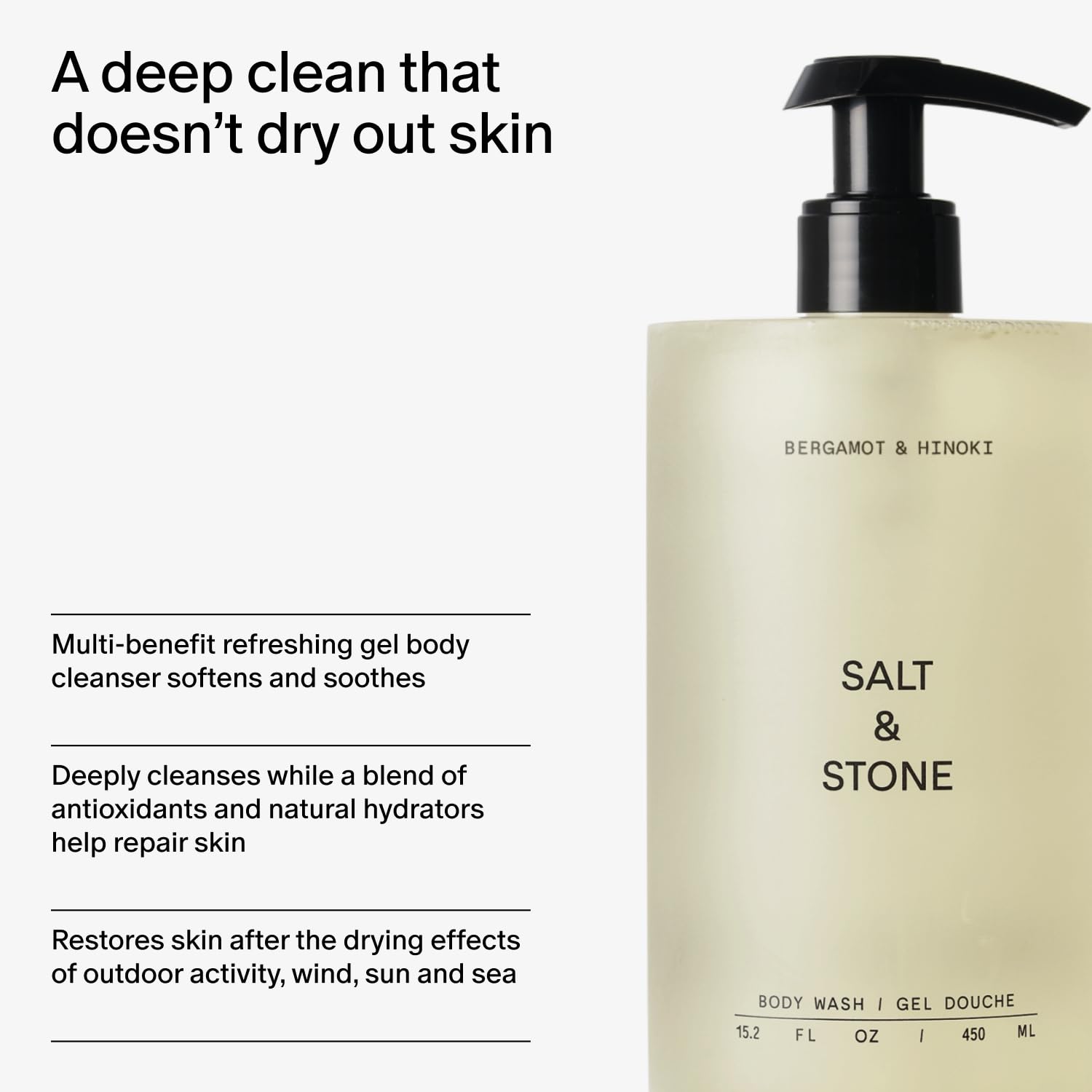 Salt & Stone Body Wash with Antioxidants for Deep Moisture | For Women & Men, Sulfate, Paraben, & Dye Free, Leaving Skin Soft and Hydrated | Bergamot & Hinoki 15.2 fl oz