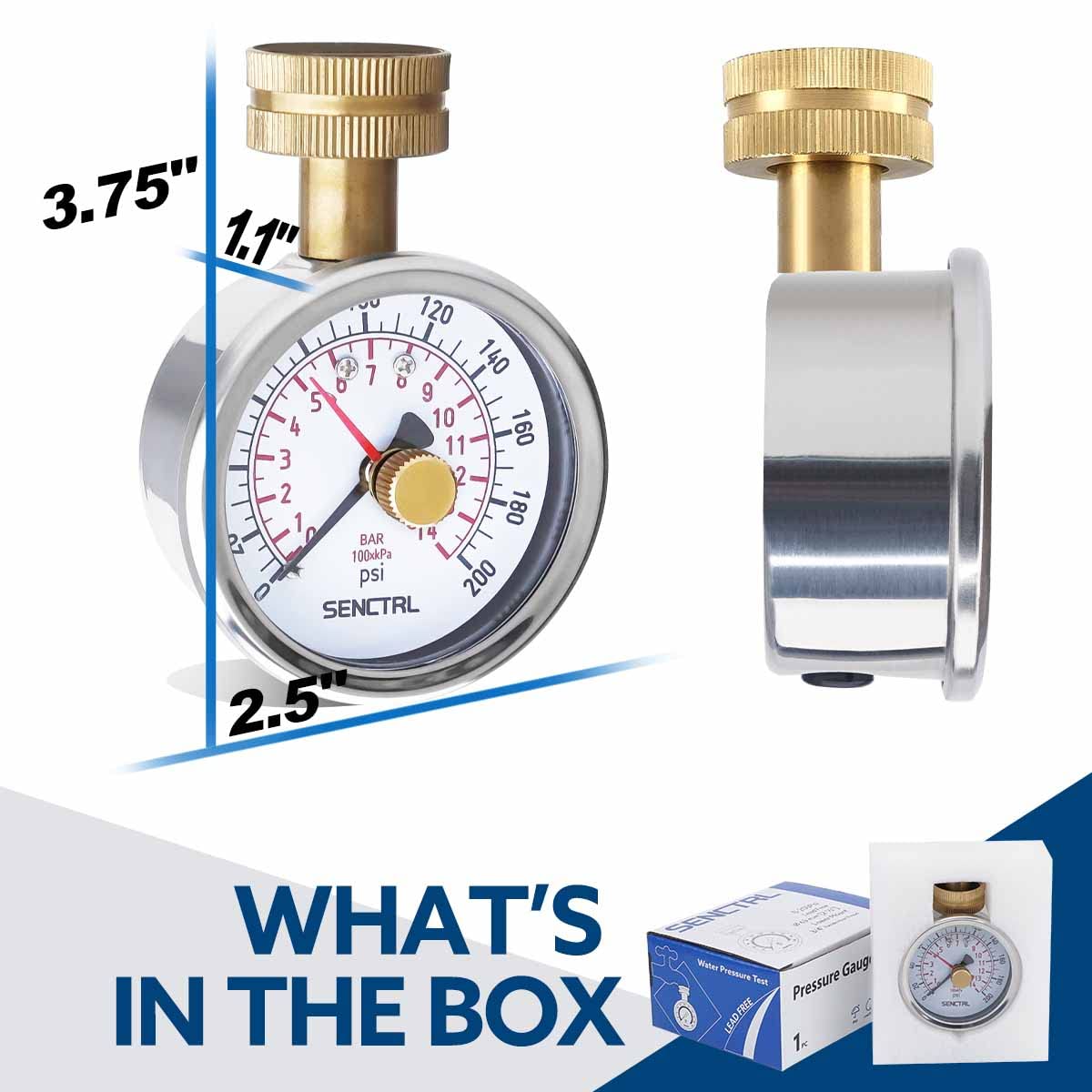 SENCTRL 0-200 Psi Water Pressure Gauge Test with Lazy Hand, Lead-Free, Waterproof, 2.5" Dial Size, 3/4" Female Garden Hose Thread, Stainless Steel Case, for Home Potable Water, House Tube