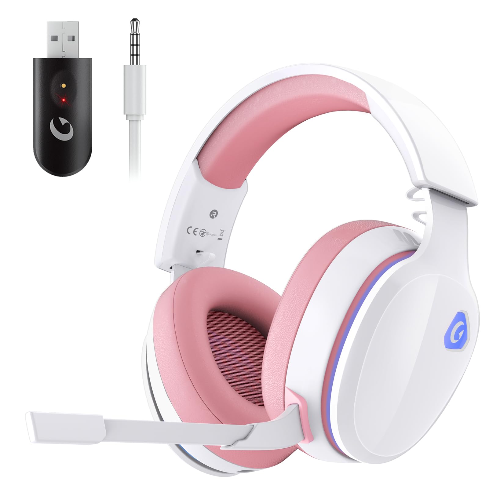 Gtheos 2.4GHz Wireless Gaming Headset for PS5, PS4 Fortnite & Call of Duty/FPS Gamers, PC, Nintendo Switch, Bluetooth 5.3 Gaming Headphones with Noise Canceling Mic, Stereo Sound, 40+Hr Battery -White