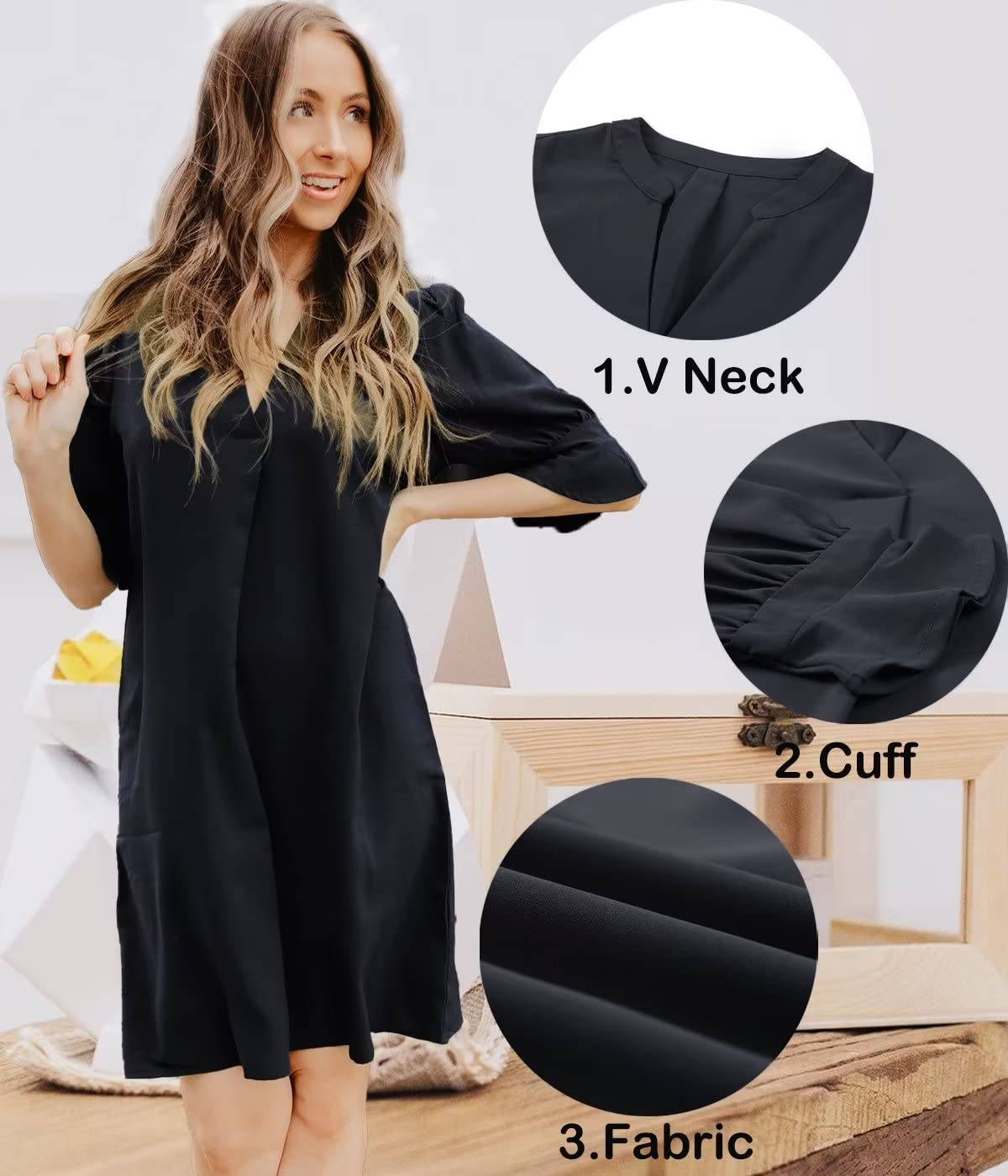 QACOHU Summer Dresses for Women 2025 Casual Ruffle Short Sleeve V-Neck Flowy Swing Shift Dress Black L