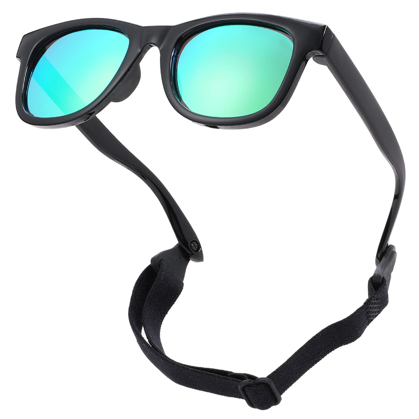 COASION biegsame, flexible, polarisierte Neugeborenen-Sonnenbrille mit Band für Babys Jungen Mädchen im Alter von 0-12 Monaten (Schwarz/Grün Verspiegelt)