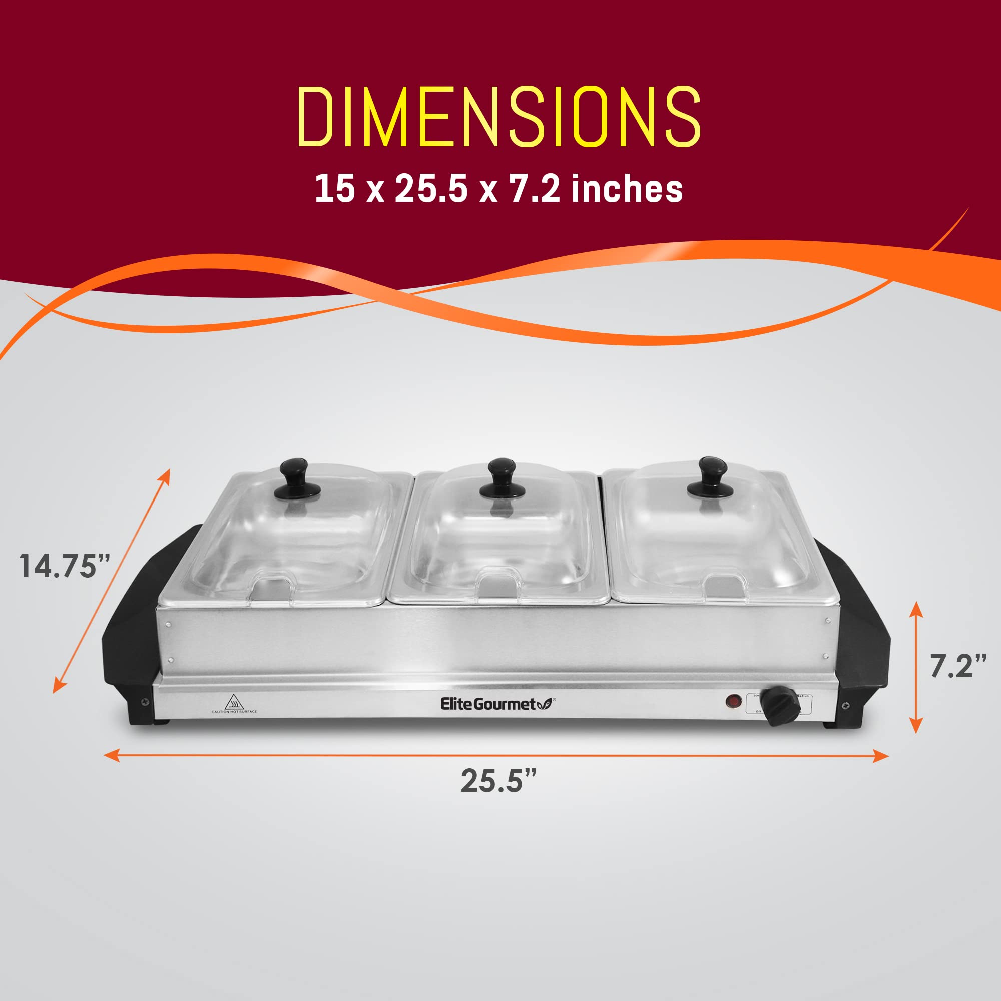 Elite Gourmet EWM-6171 Triple 3 x 2.5 Qt. Trays, Buffet Server, Food Warmer Temperature Control, Clear Slotted Lids, Perfect for Parties, Entertaining & Holidays, 7.5 Qt Total, Stainless Steel