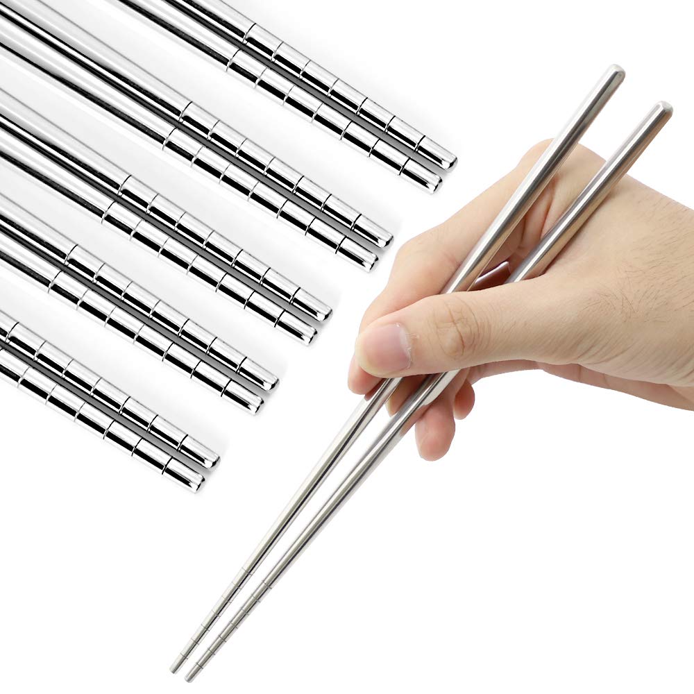 Stainless Steel Chopsticks 5 Pairs Reusable Multicolor Lightweight 304 Metal Chopsticks Square Lightweight Non-Slip Chop Sticks Dishwasher Safe Gift Set(Silver Hollow)