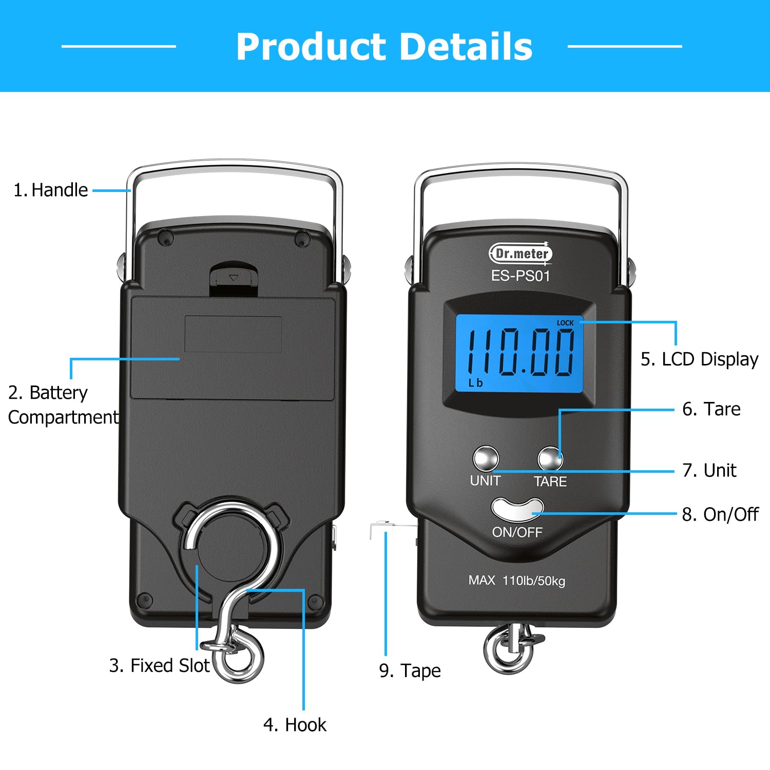 Dr.meter Fish Scale Luggage Scale Fishing Gear - 110lb/50kg Backlit LCD Display Digital Scale with Built-in Measuring Tape - Fishing Scale with 2 AAA Batteries, Pocket Size - Fishing Gifts for Men